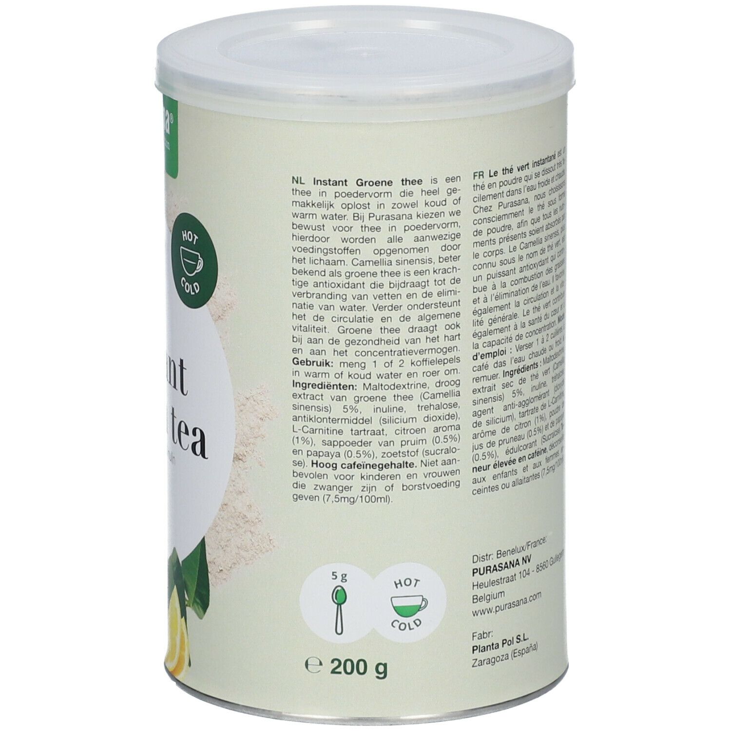 Côté de la boîte avec texte en néerlandais et français. 200g. Illustration d'une cuillère.