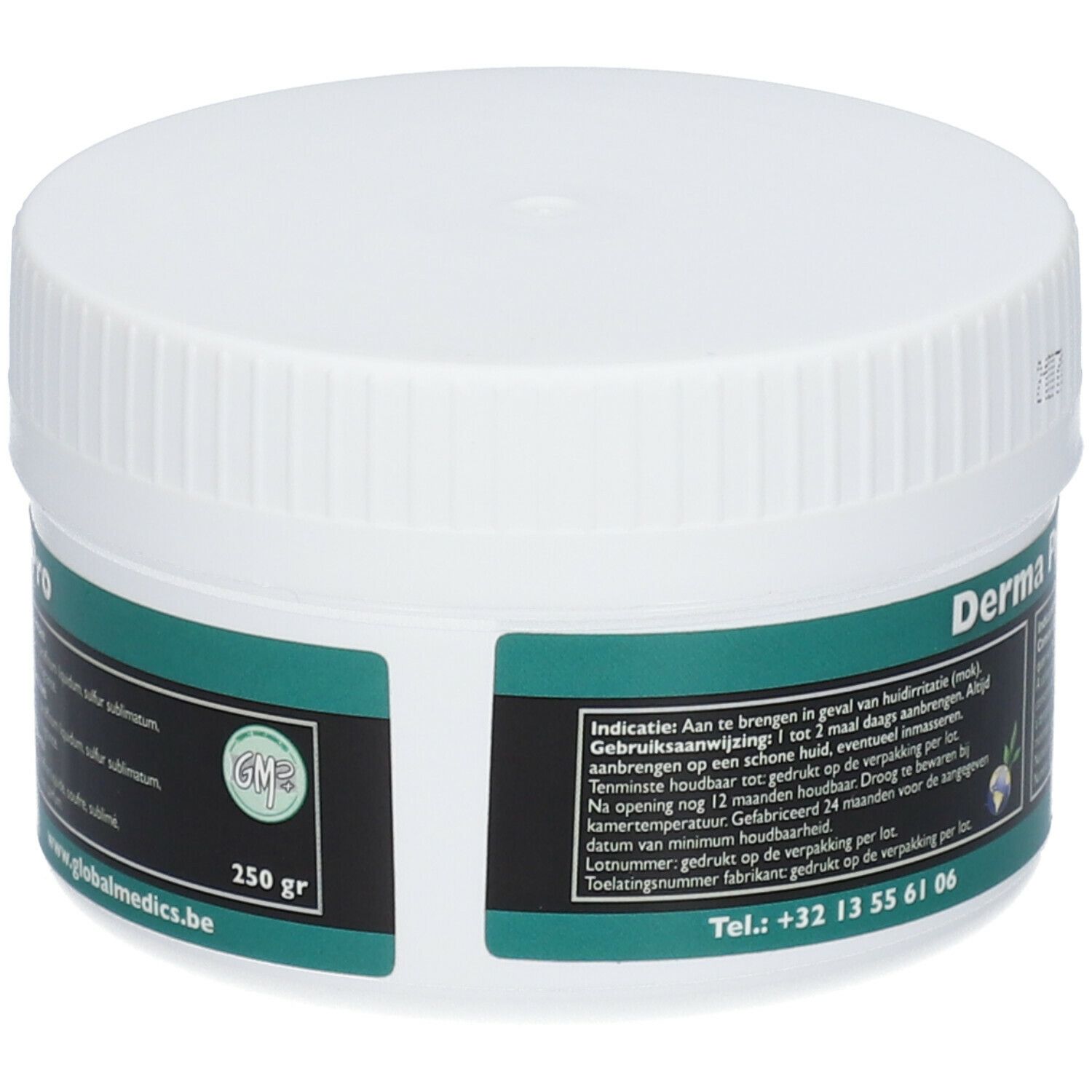 Weißer Tiegel mit grünem Etikett. Aufschrift: Derma Pro, 250 gr. Enthält Informationen zur Anwendung. Global Medics Logo. Haltbarkeit 24 Monate.