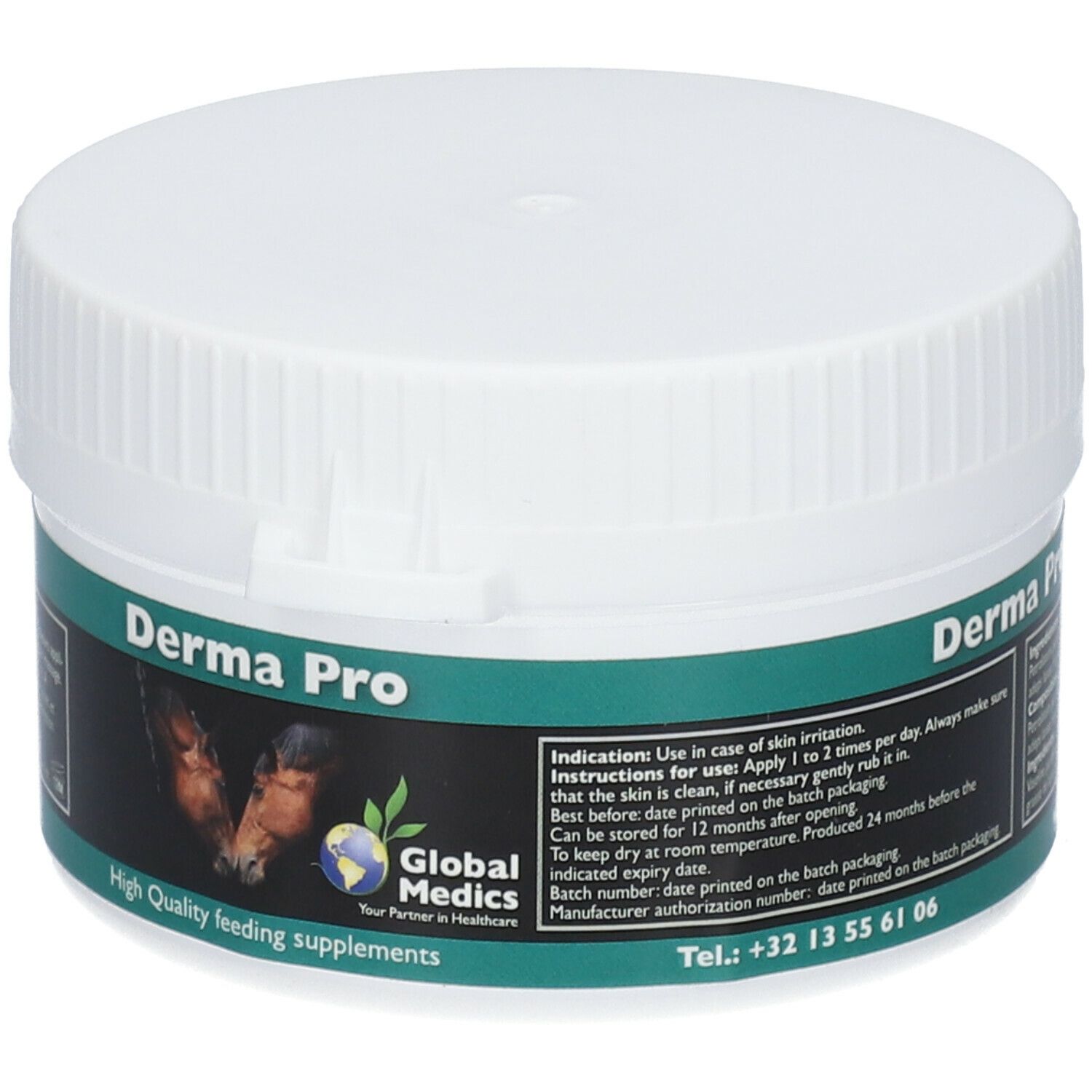 Weißer Tiegel mit grünem Etikett. Aufschrift: Derma Pro, Global Medics. Enthält Informationen zur Anwendung. Haltbarkeit 24 Monate.