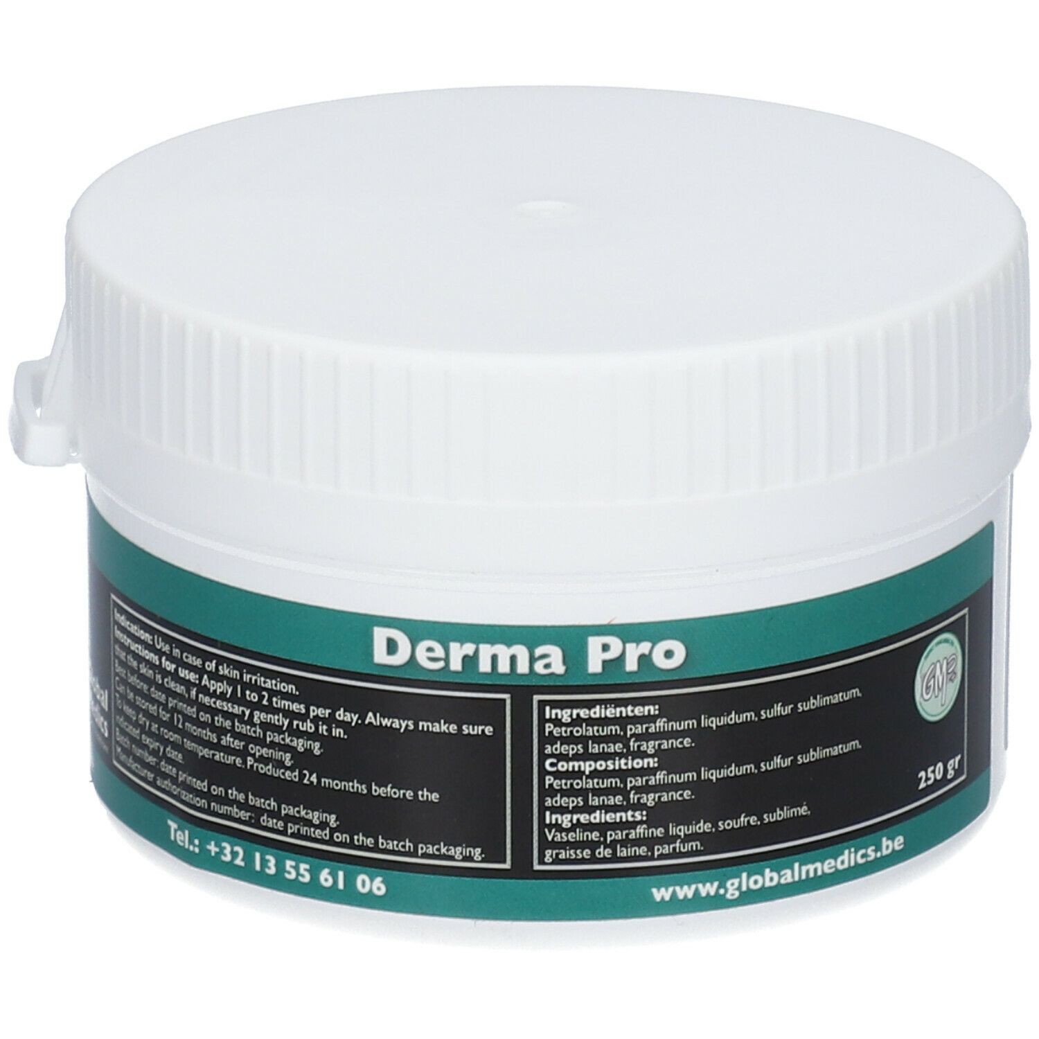 Weißer Tiegel mit grünem Etikett. Aufschrift: Derma Pro, 250 gr. Enthält Inhaltsstoffe und Informationen zur Anwendung. Global Medics Logo.