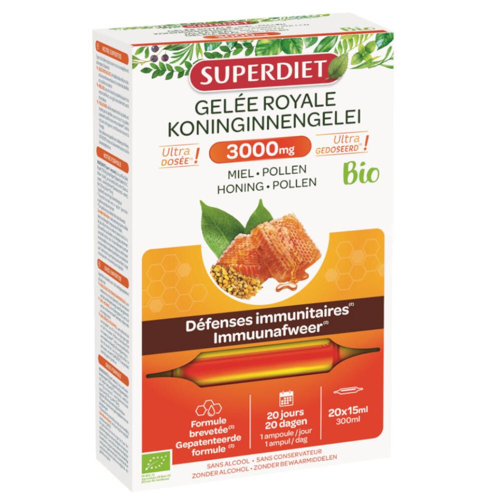 SUPERDIET Gelee Royale verpakking. 3000mg, honing, pollen, bio. Afbeelding van honingraat en bladeren. 20 ampullen.