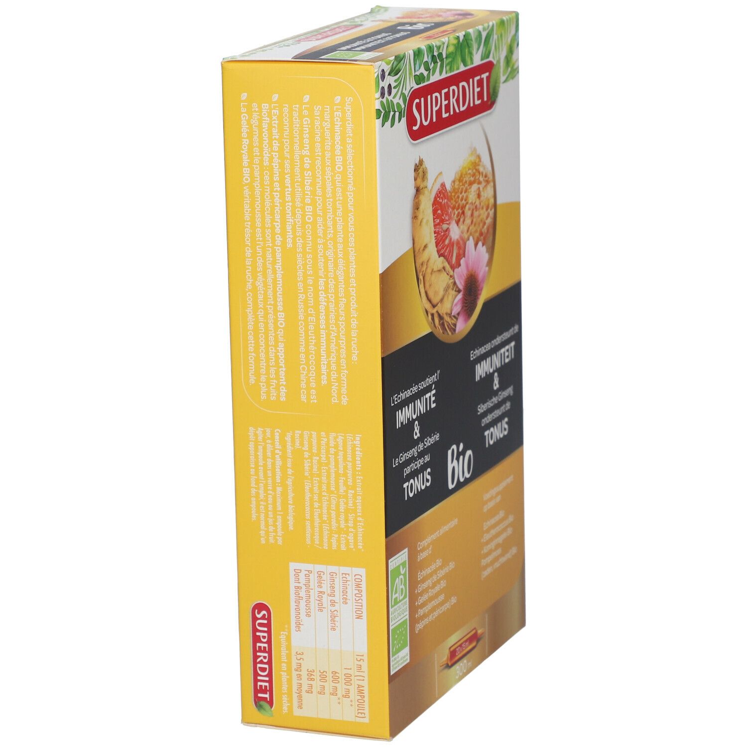 Vue latérale de la boîte Superdiet Immunité & Tonus Bio. Fond jaune avec texte. Marque visible.