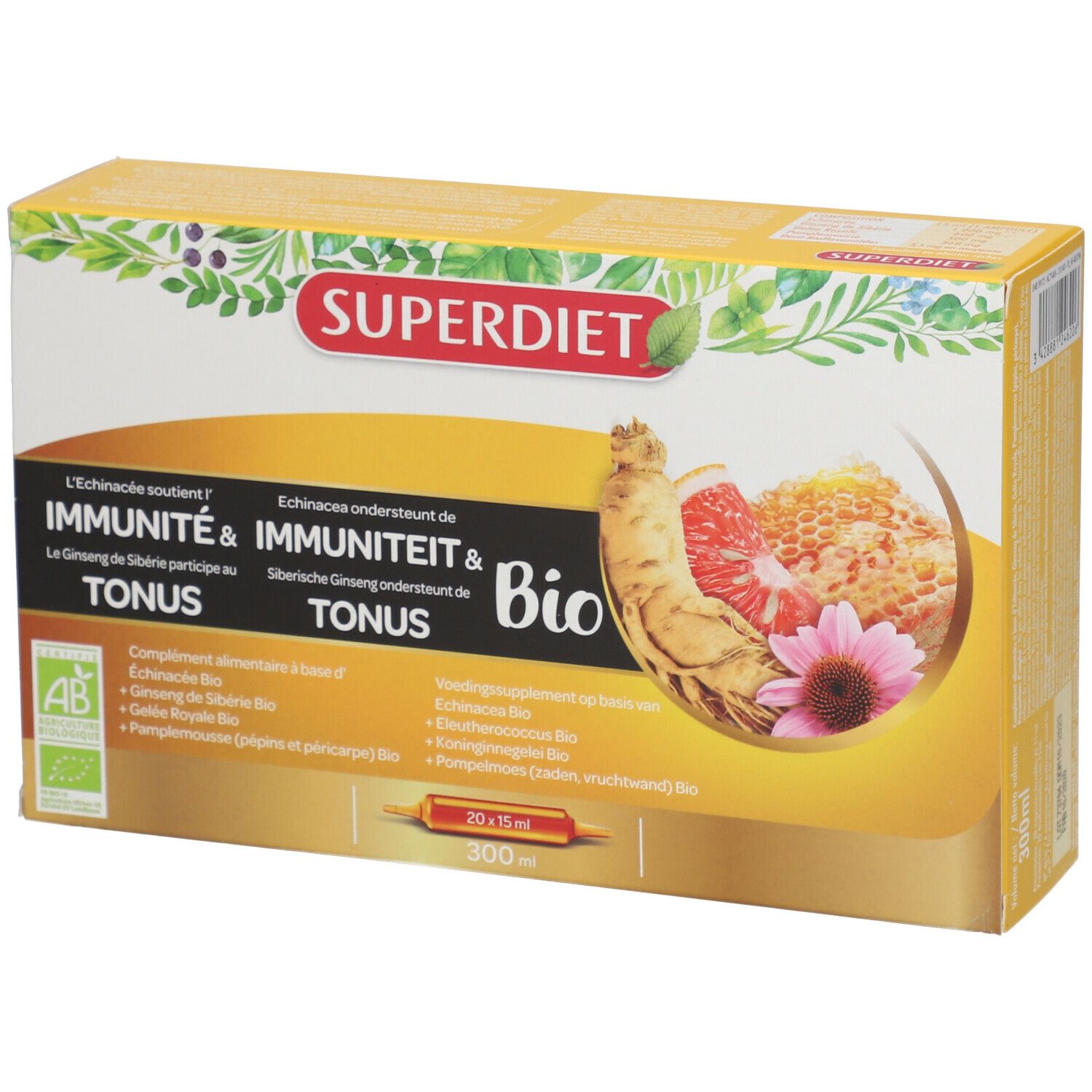 Boîte Superdiet Immunité & Tonus Bio. Illustration produit, texte et logo AB. Contient 300 ml.