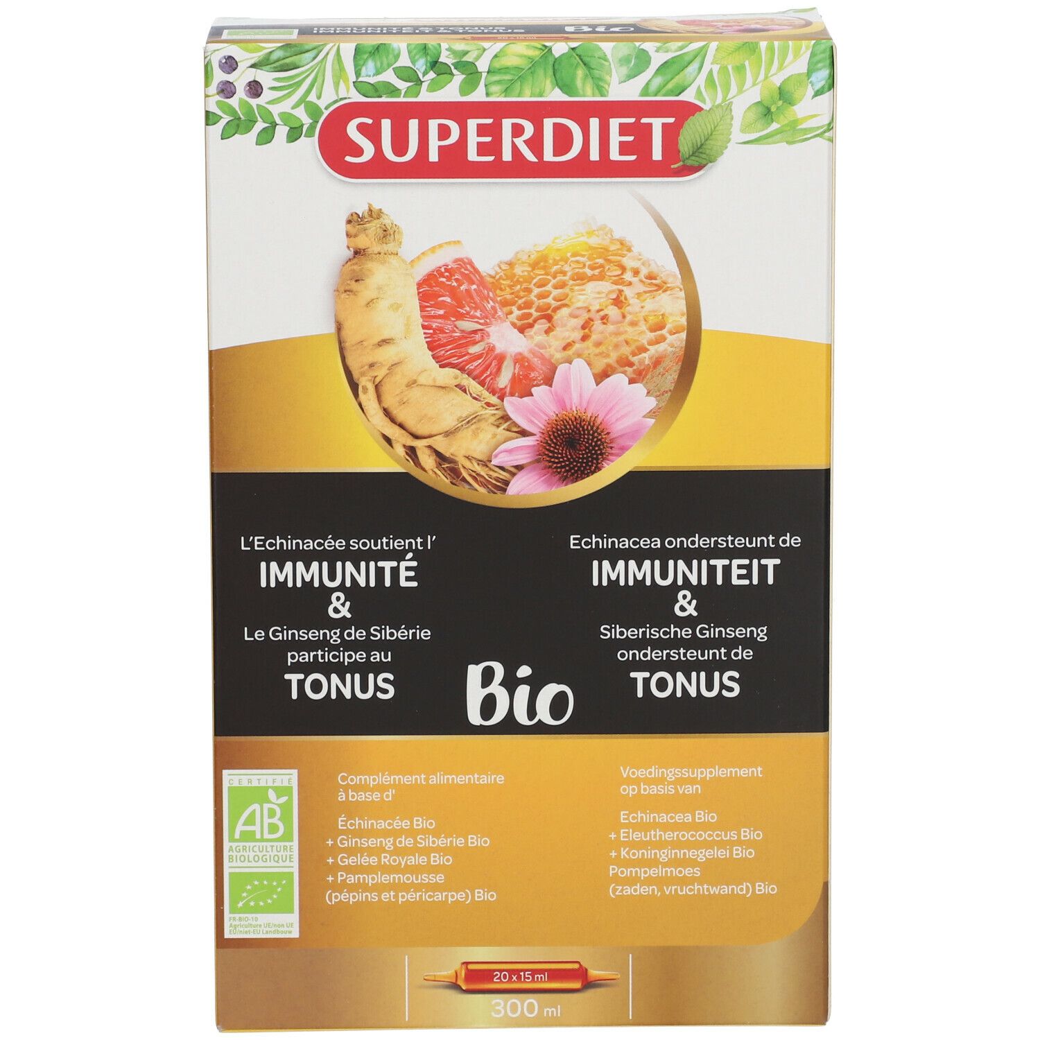 Boîte Superdiet Immunité & Tonus Bio. Illustration produit, texte et logo AB. Contient 300 ml.