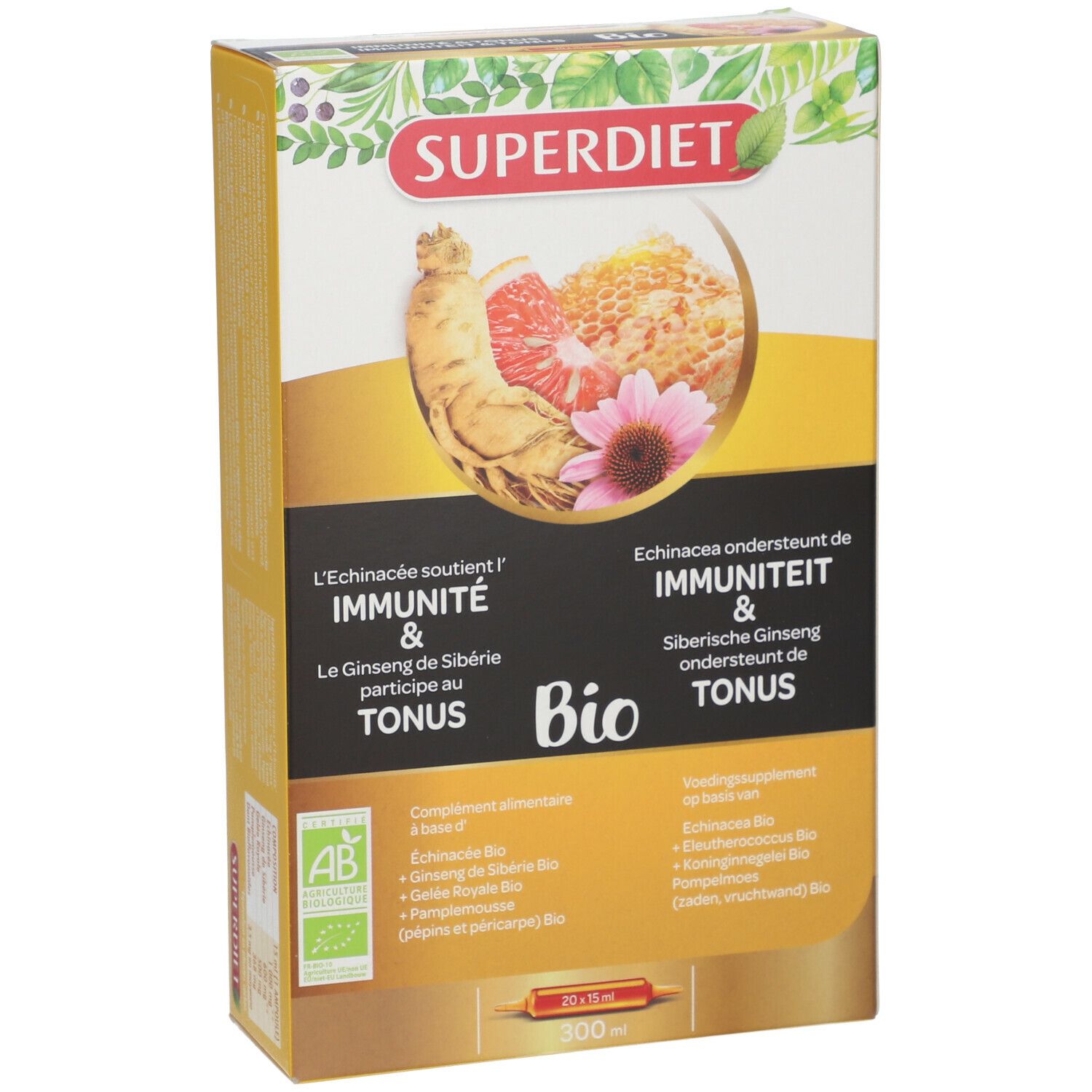 Boîte Superdiet Immunité & Tonus Bio. Illustration produit, texte et logo AB. Contient 300 ml.
