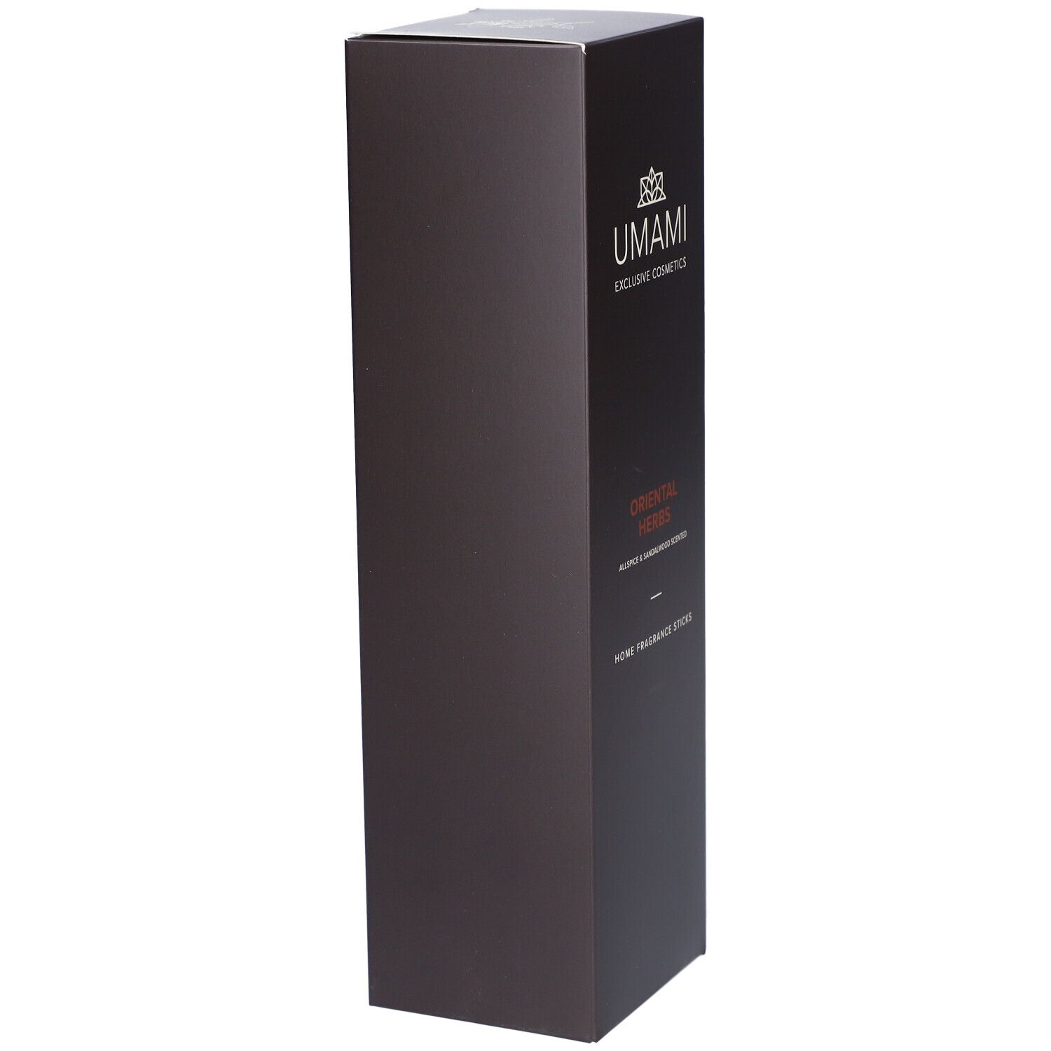 Hohe, braune Verpackung. Aufschrift: ORIENTAL HERBS. Text: Allspice & Sandalwood Scented. Home Fragrance Sticks. UMAMI Logo.