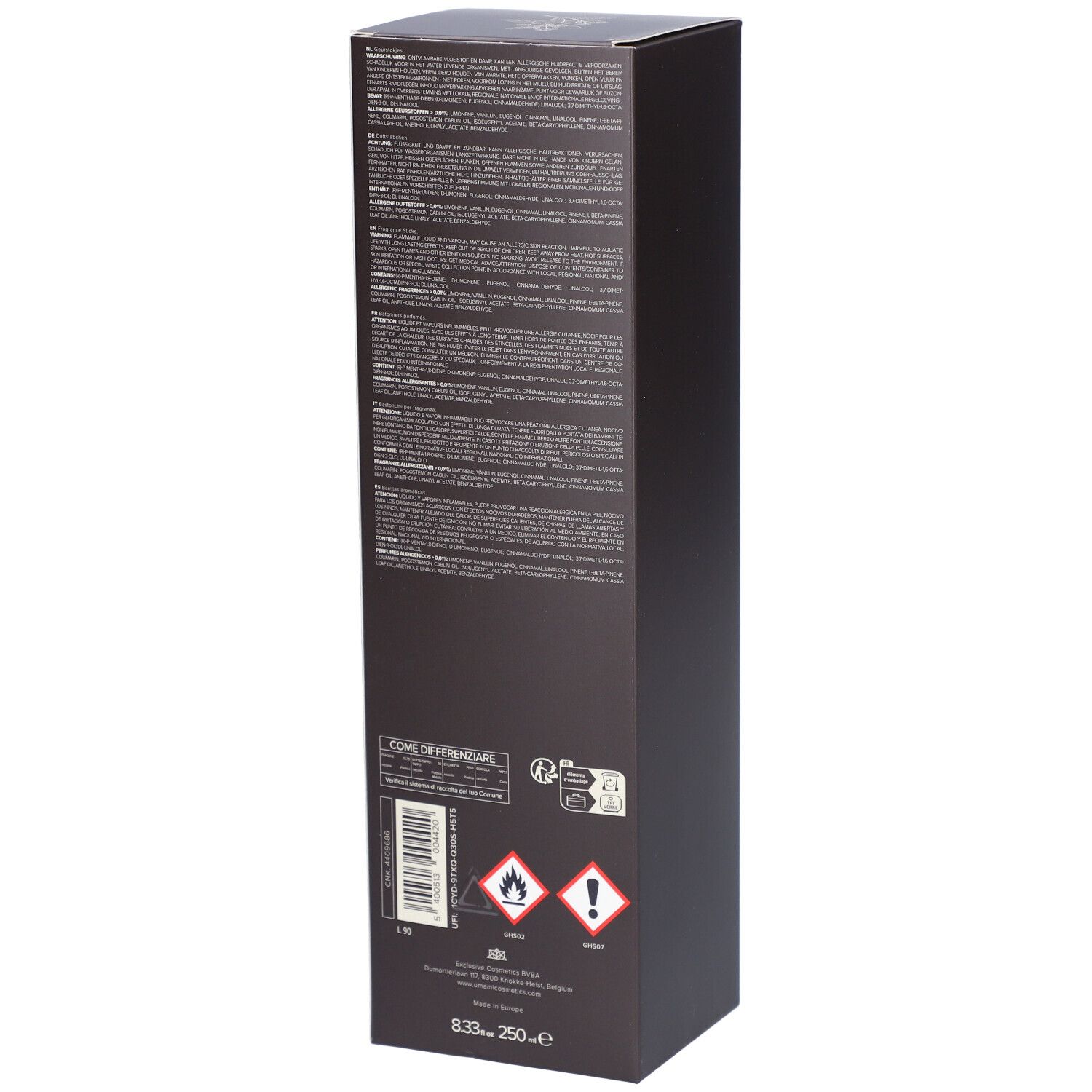 Braune Verpackung, Rückseite. Text und Piktogramme. Warnhinweise und Informationen zur Entsorgung. Barcode und Maße.