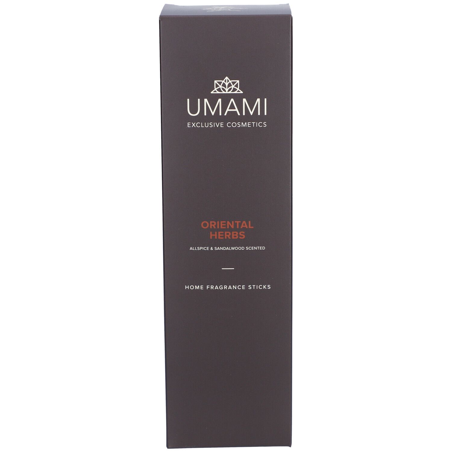 Hohe, braune Verpackung. Aufschrift: ORIENTAL HERBS. Text: Allspice & Sandalwood Scented. Home Fragrance Sticks. UMAMI Logo.