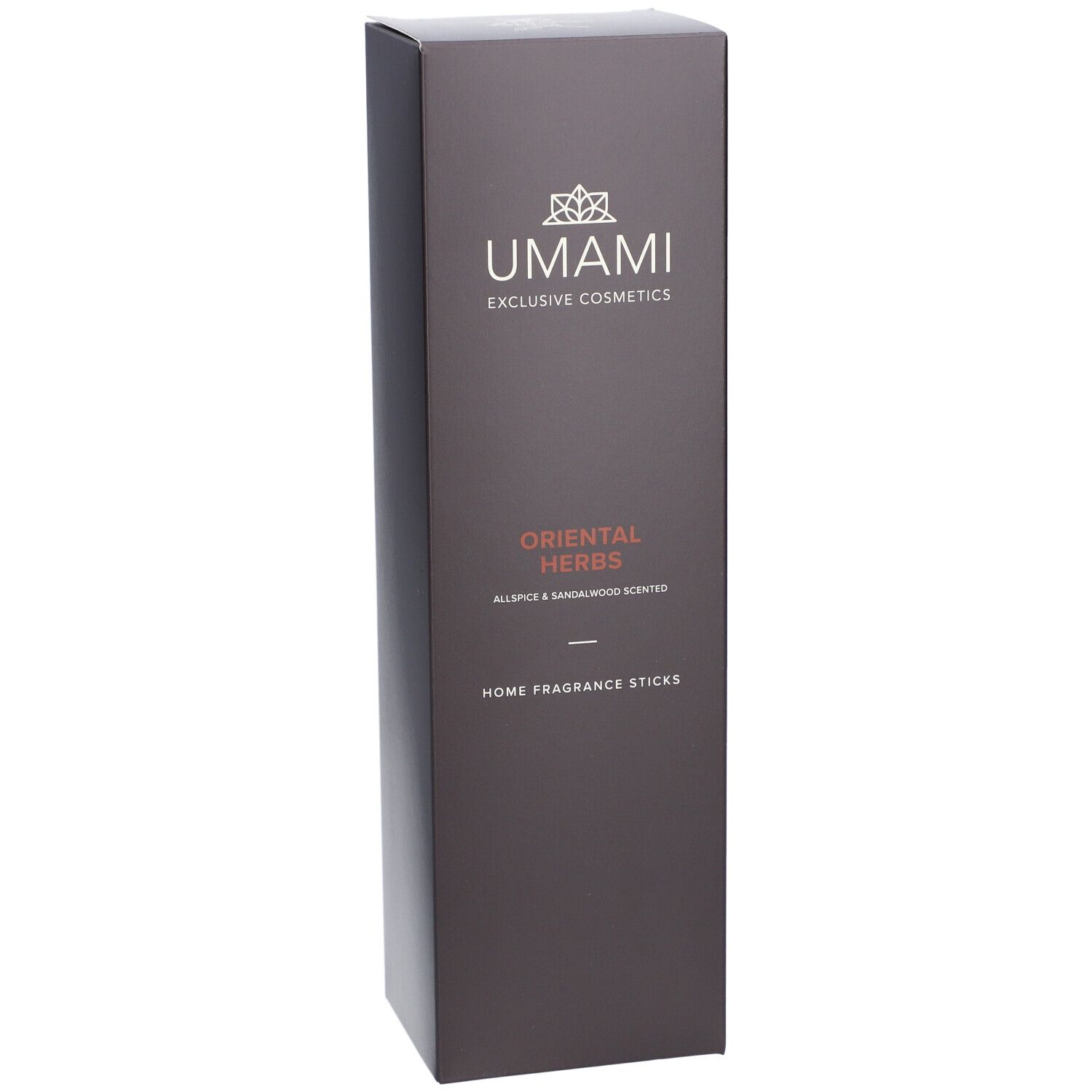 Hohe, braune Verpackung. Aufschrift: ORIENTAL HERBS. Text: Allspice & Sandalwood Scented. Home Fragrance Sticks. UMAMI Logo.