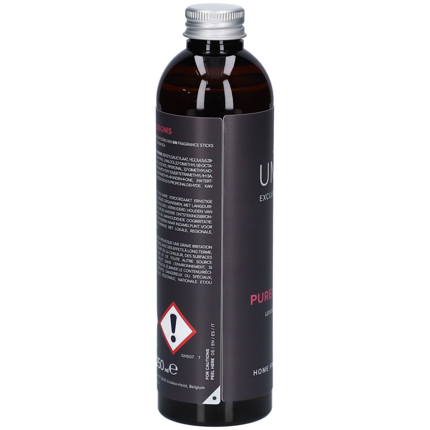 Rückseite der Umami Pure Blossoms Home Fragrance Refill Lotus & Jasmin Flasche mit Warnhinweisen.