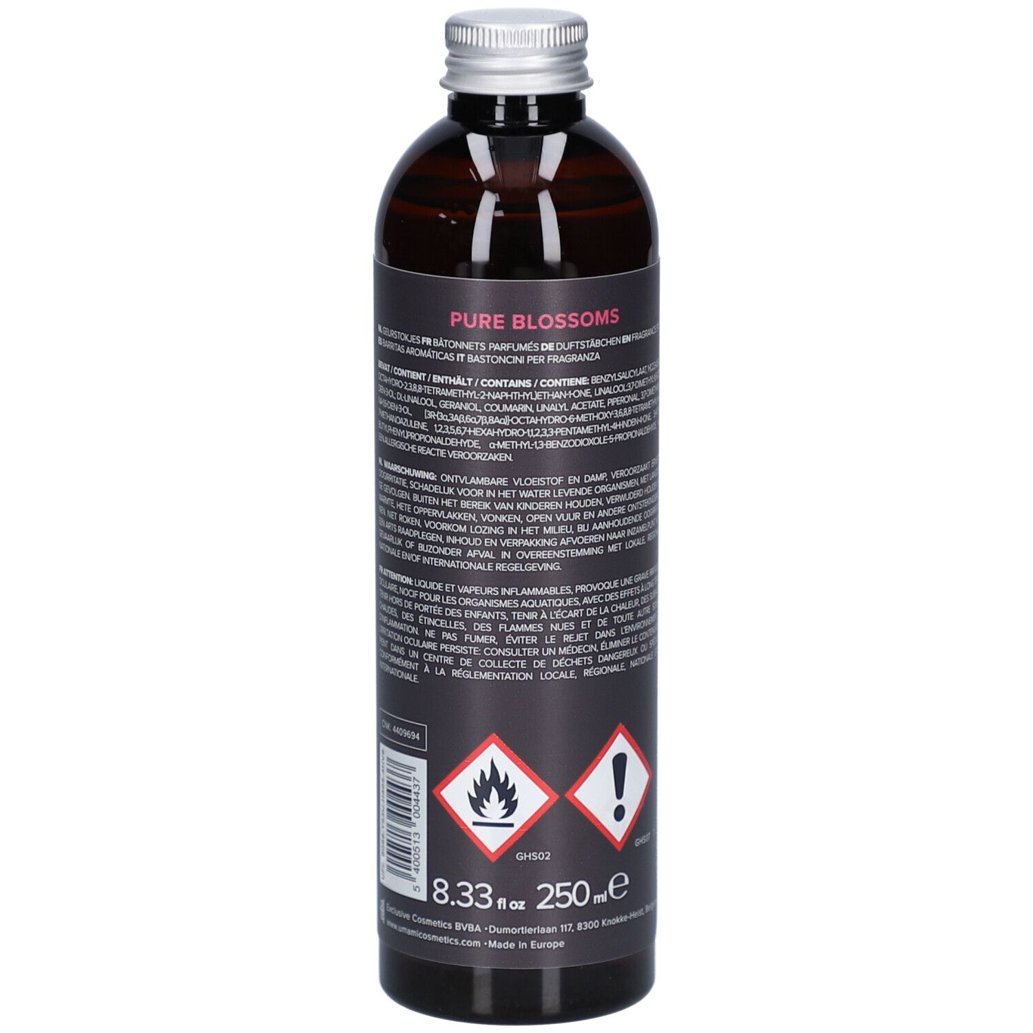 Umami Pure Blossoms Home Fragrance Refill Lotus & Jasmin Flasche, 250ml, mit Gefahrensymbolen.