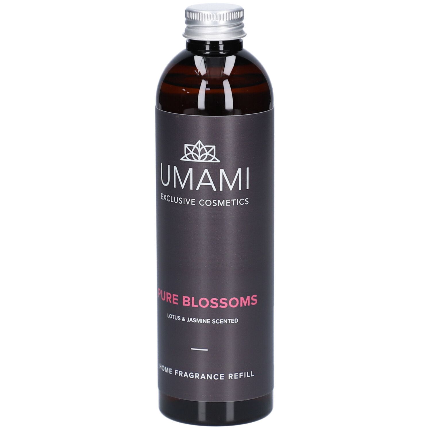 Umami Pure Blossoms Home Fragrance Refill Lotus & Jasmin in dunkler Flasche mit silbernem Verschluss.