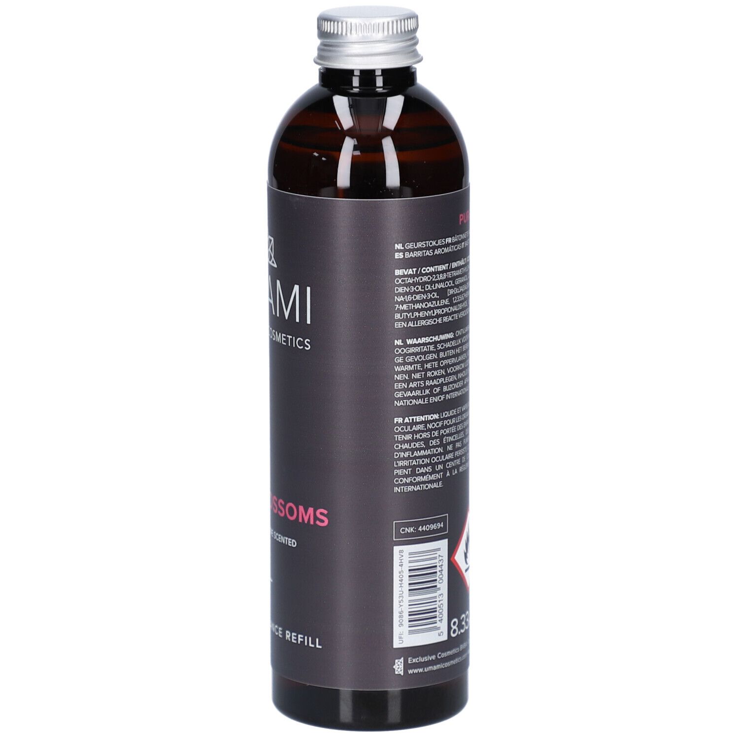 Seitenansicht der Umami Pure Blossoms Home Fragrance Refill Lotus & Jasmin Flasche mit Etikett.