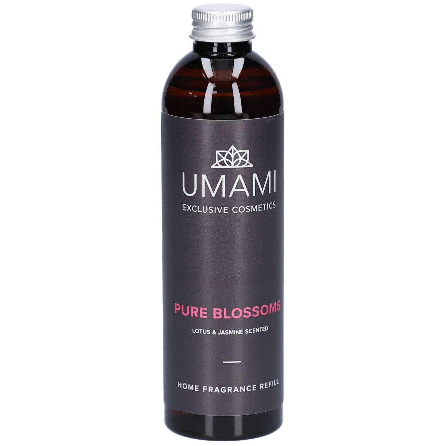 Umami Pure Blossoms Home Fragrance Refill Lotus & Jasmin, 250ml, in dunkler Glasflasche.