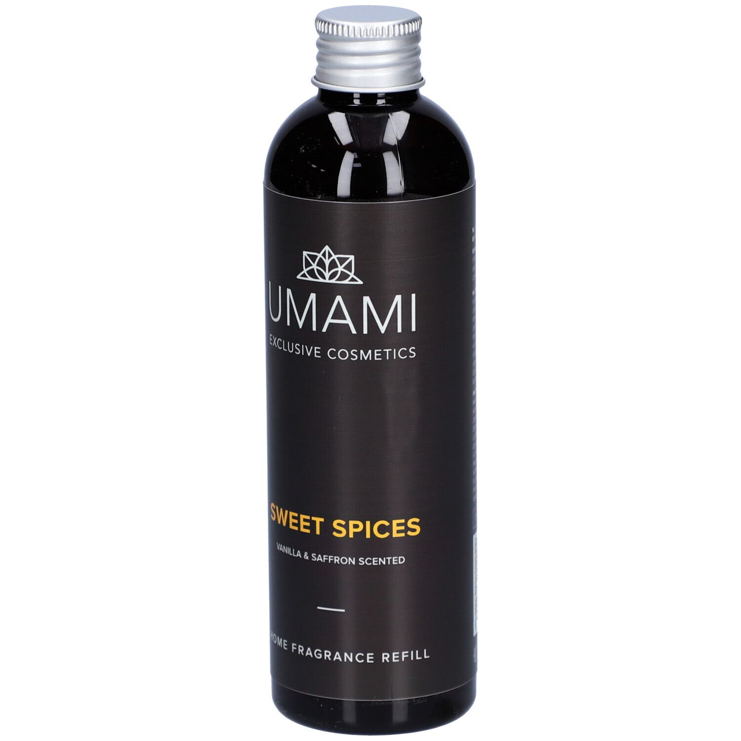 Dunkle Flasche mit silbernem Deckel. Aufschrift: UMAMI, Sweet Spices, Vanille & Safran. Home Fragrance Refill.