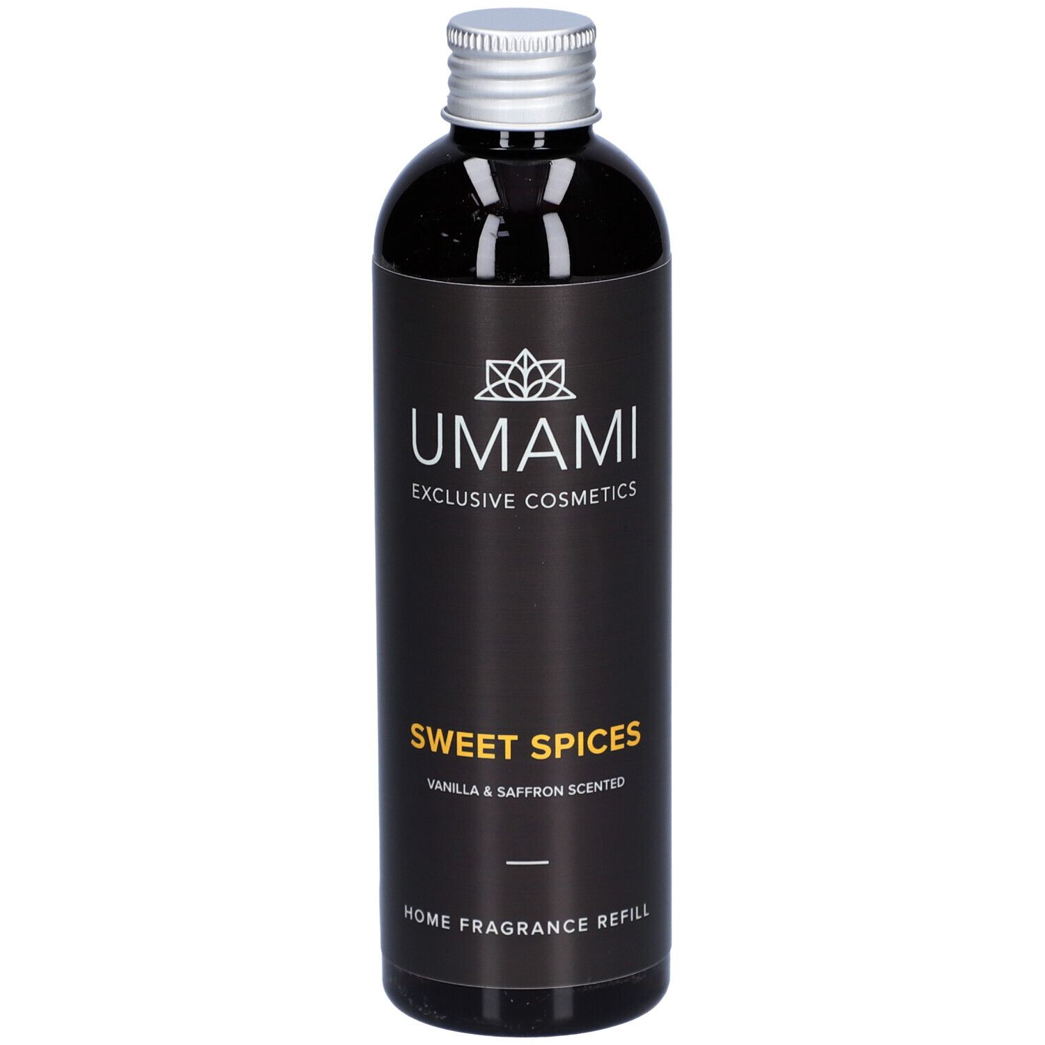 Dunkle Flasche mit silbernem Deckel. Aufschrift: UMAMI, Sweet Spices, Vanille & Safran. Home Fragrance Refill.