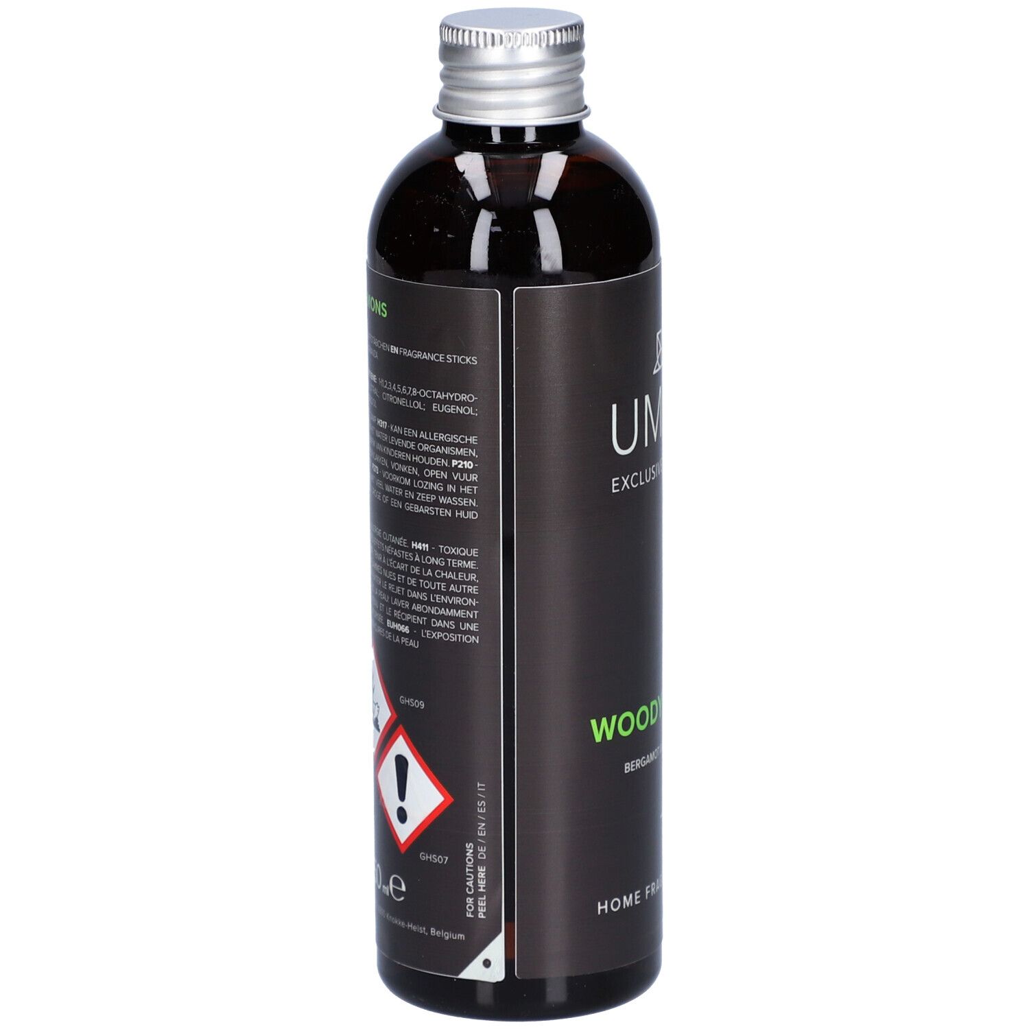 Braune Glasflasche mit silbernem Deckel. Schwarzes Etikett mit Text und Gefahrensymbolen. Enthält Informationen zu Inhaltsstoffen.