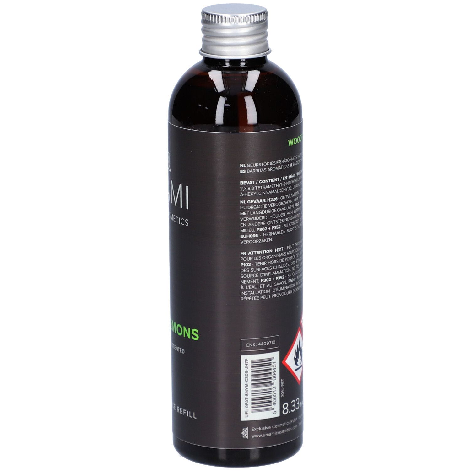 Braune Glasflasche mit silbernem Deckel. Schwarzes Etikett mit Text, Gefahrensymbolen und Volumenangabe: 8.33 fl oz.