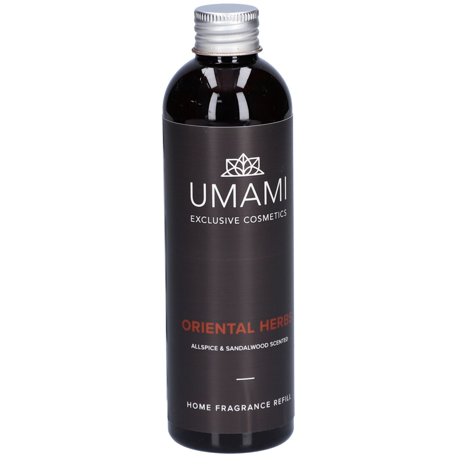 Flacon marron avec bouchon argenté. Inscription: UMAMI, ORIENTAL HERBS, HOME FRAGRANCE REFILL.
