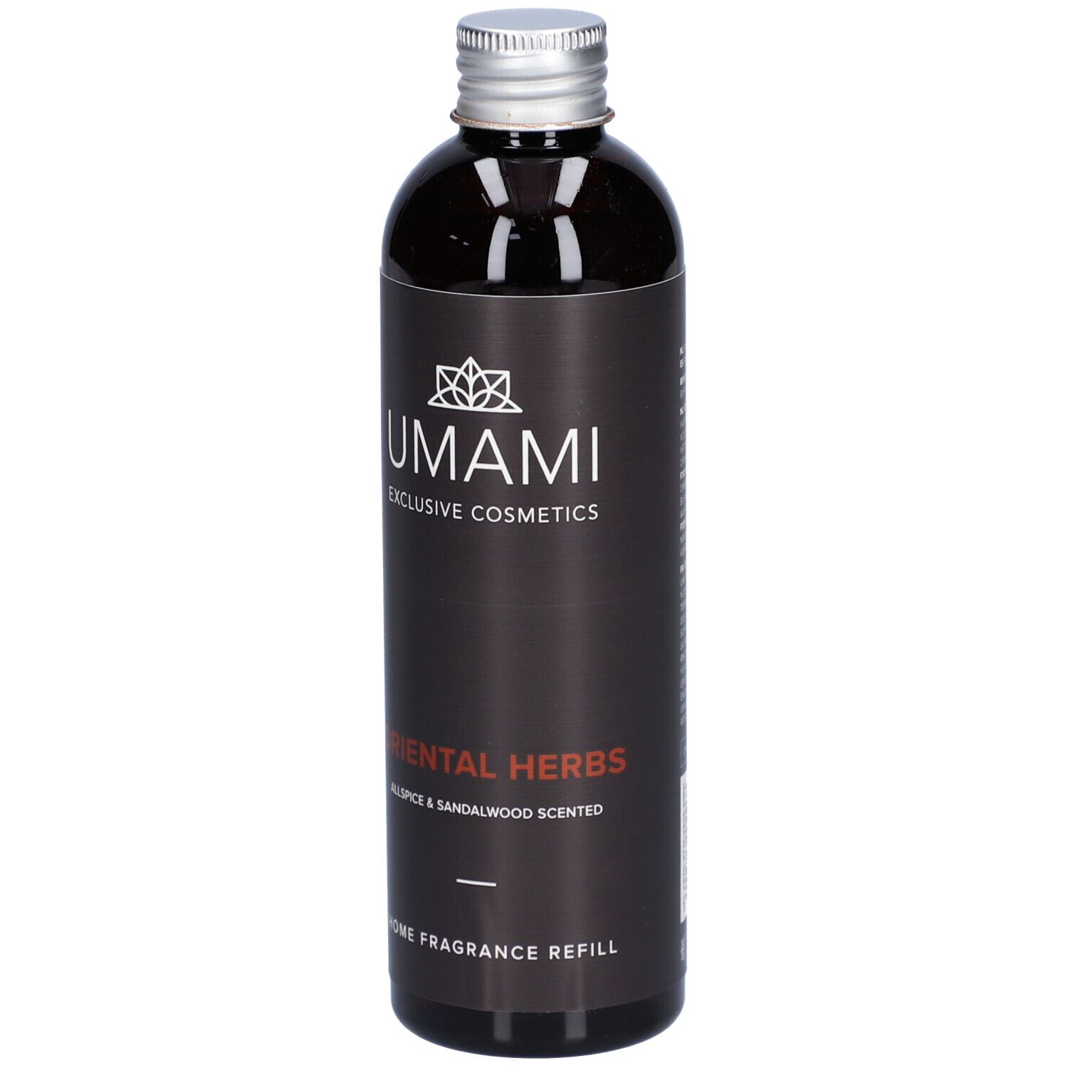 Flacon marron avec bouchon argenté. Inscription: UMAMI, ORIENTAL HERBS, HOME FRAGRANCE REFILL.