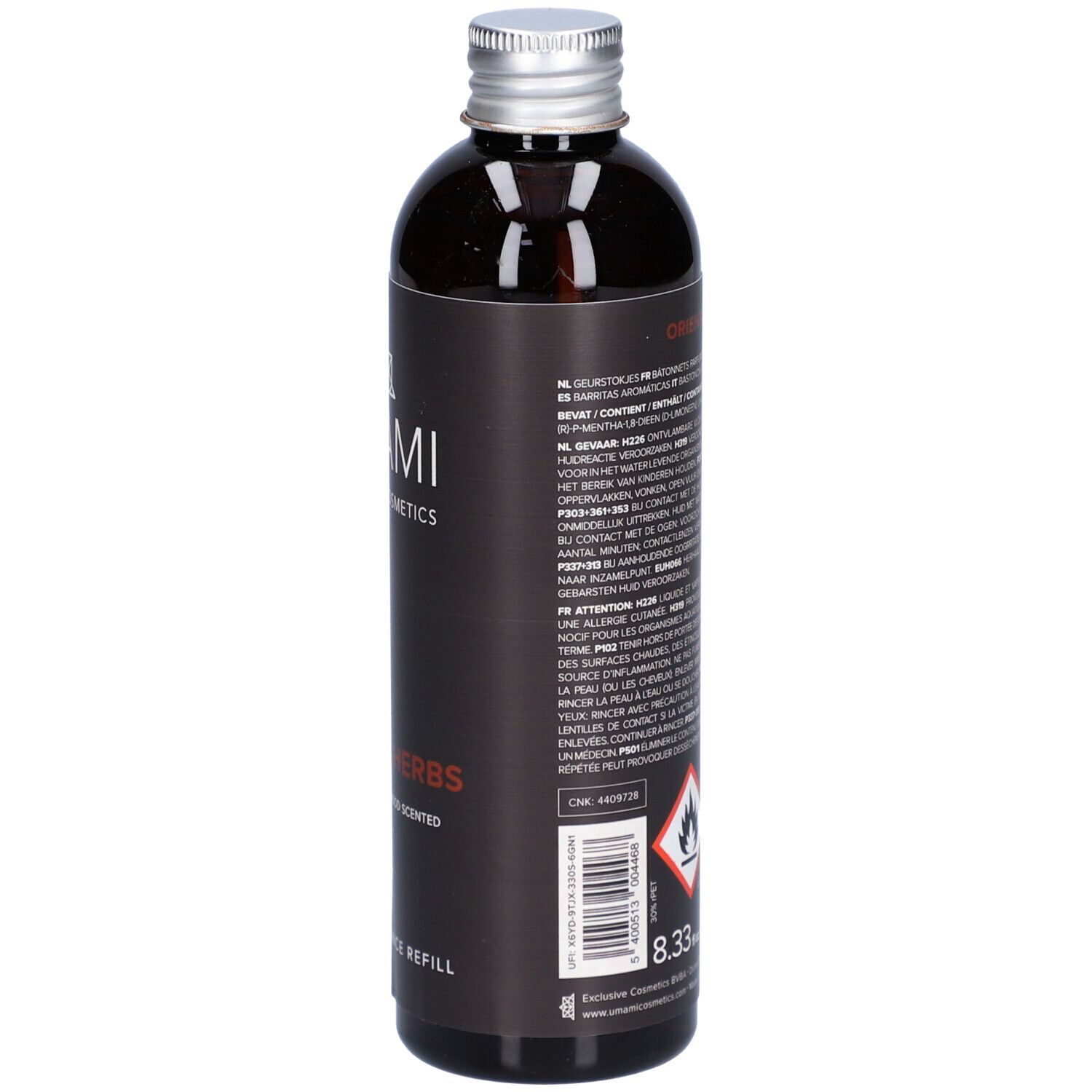 Dos du flacon. Texte multilingue. Pictogrammes de danger. Volume: 8.33 fl.oz.