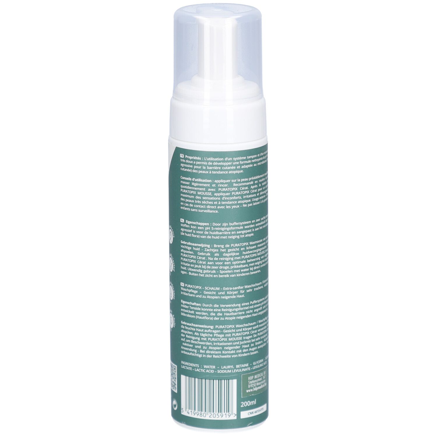 Rückseite der Flasche. Text in mehreren Sprachen. Enthält Informationen über das Produkt und seine Inhaltsstoffe.