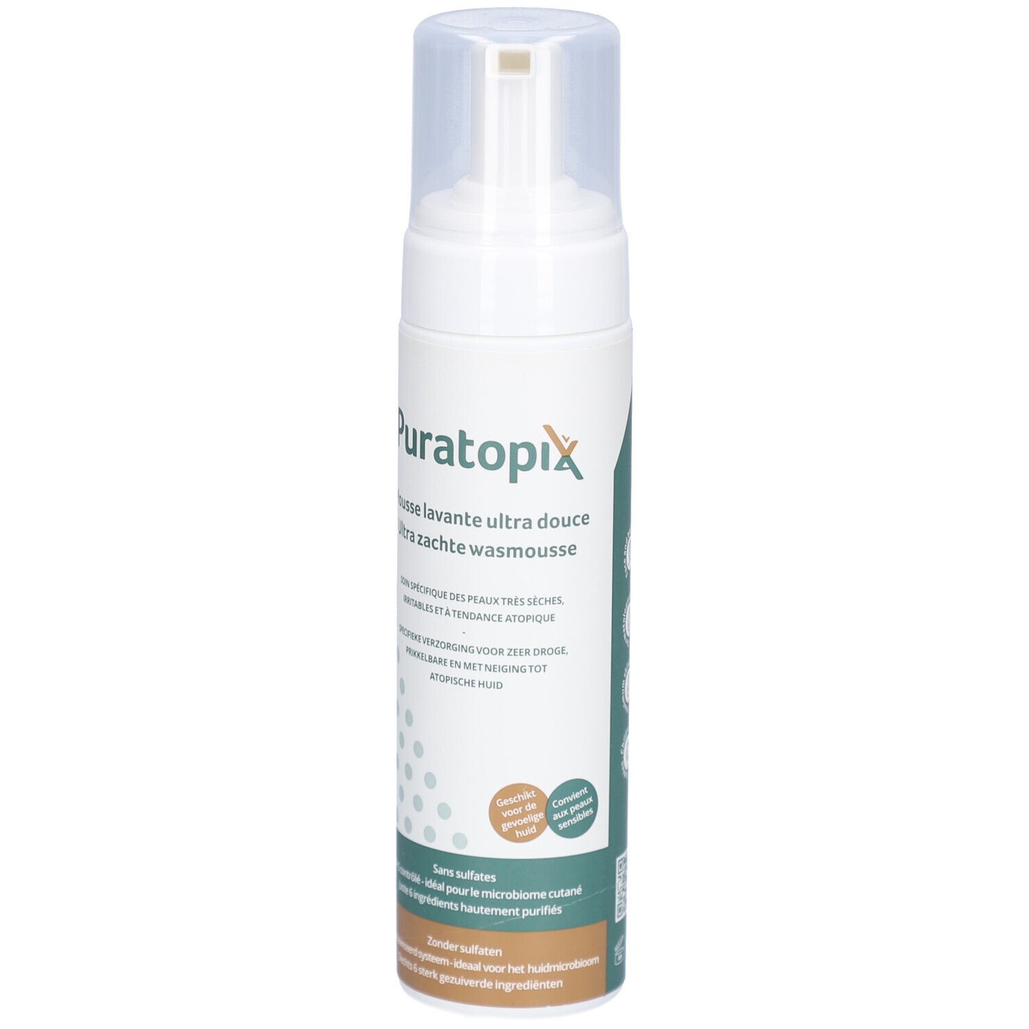 Weisse Flasche mit Pumpverschluss. Aufschrift: Puratopix Mousse lavante ultra douce. Spezifische Pflege für empfindliche Haut.
