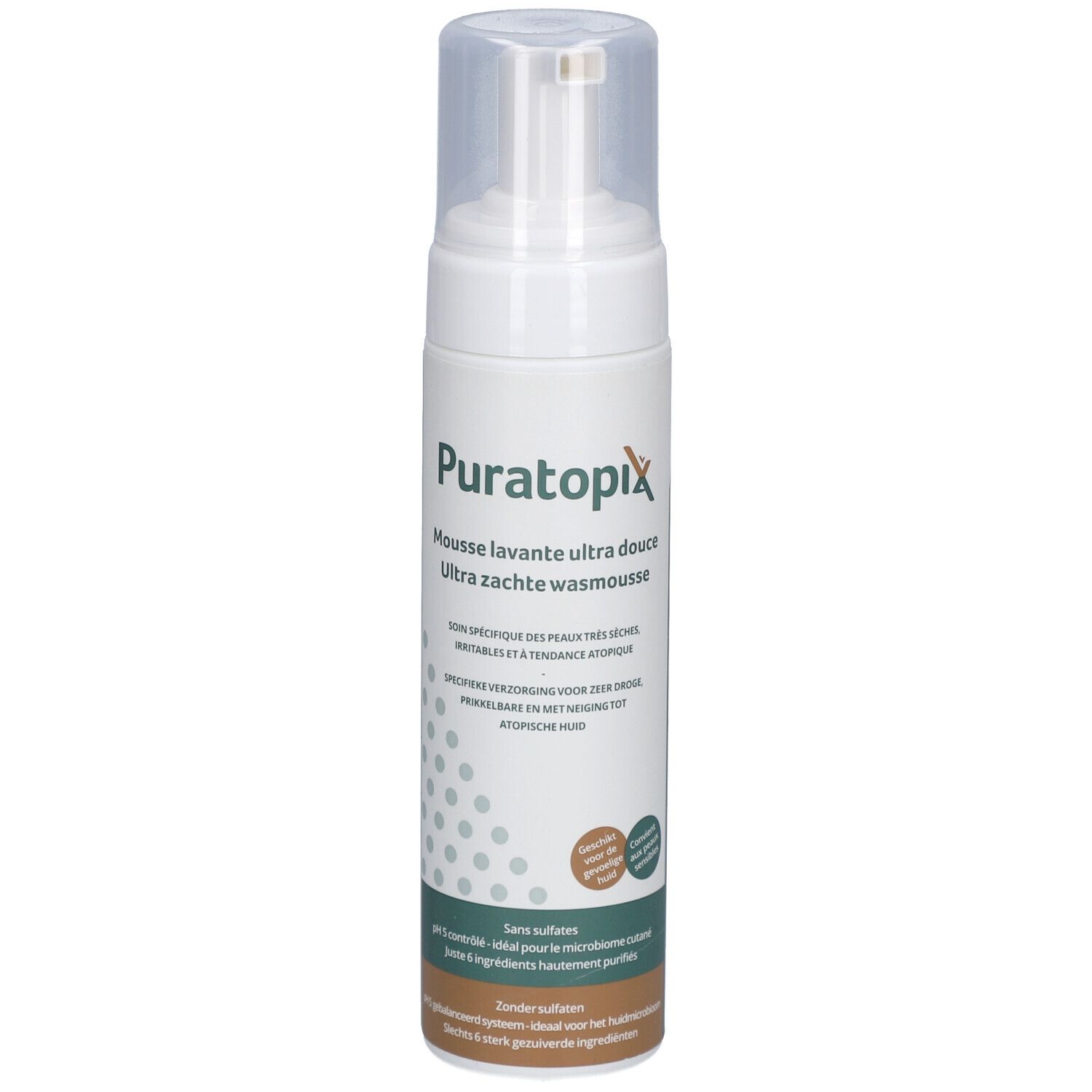 Weisse Flasche mit Pumpverschluss. Aufschrift: Puratopix Mousse lavante ultra douce. Spezifische Pflege für empfindliche Haut.