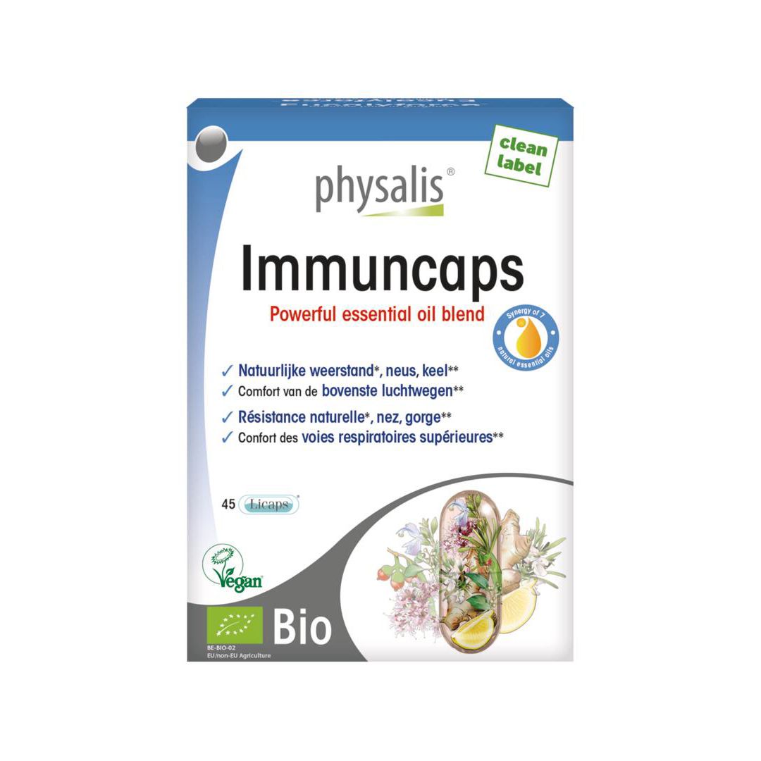 Doosje physalis Immuncaps. Opschrift: Immuncaps, 45 capsules, Bio-label. Illustratie van kruiden en citroen.