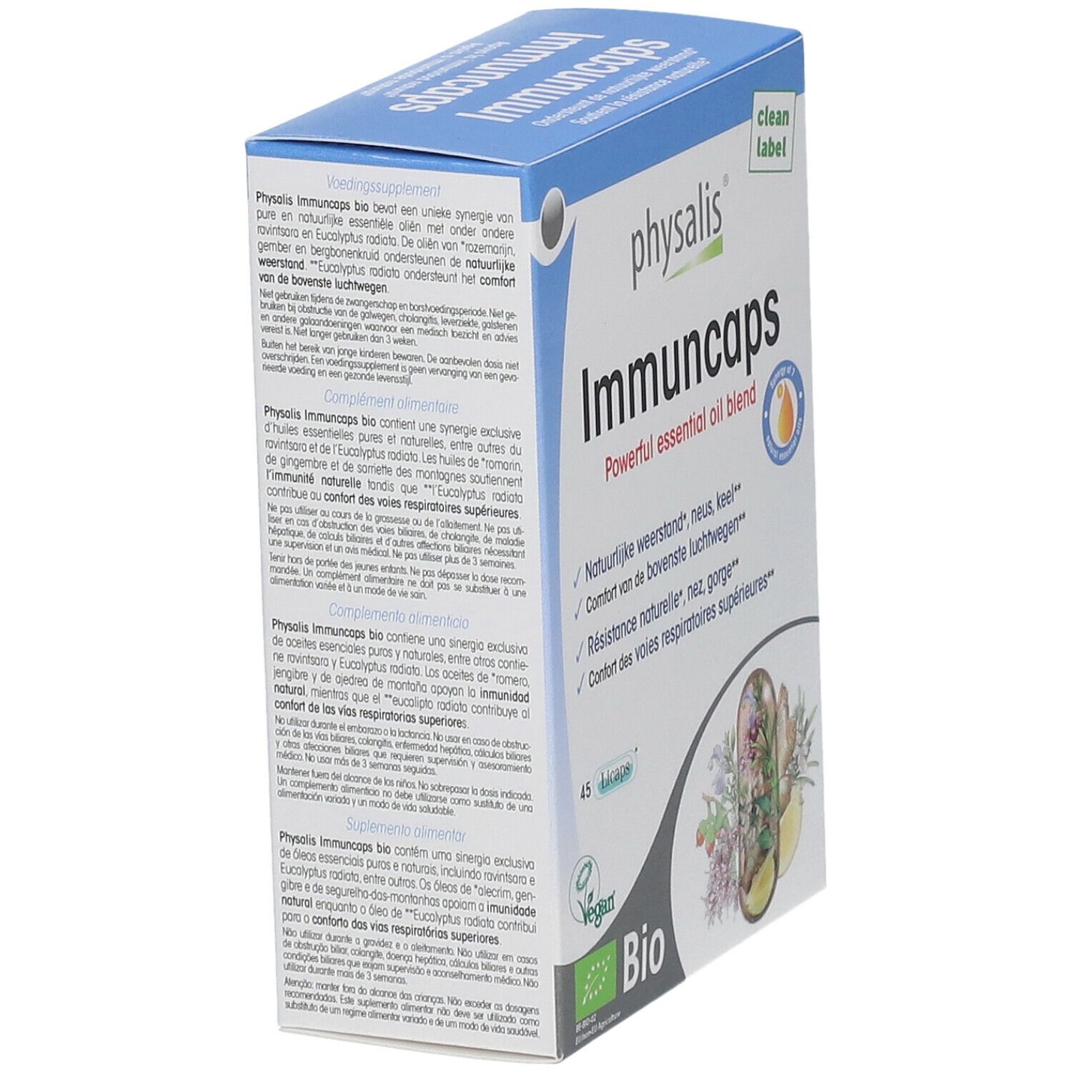 Doosje physalis Immuncaps, schuin. Opschrift: Immuncaps, 45 capsules, Bio-label. Illustratie van kruiden en citroen.