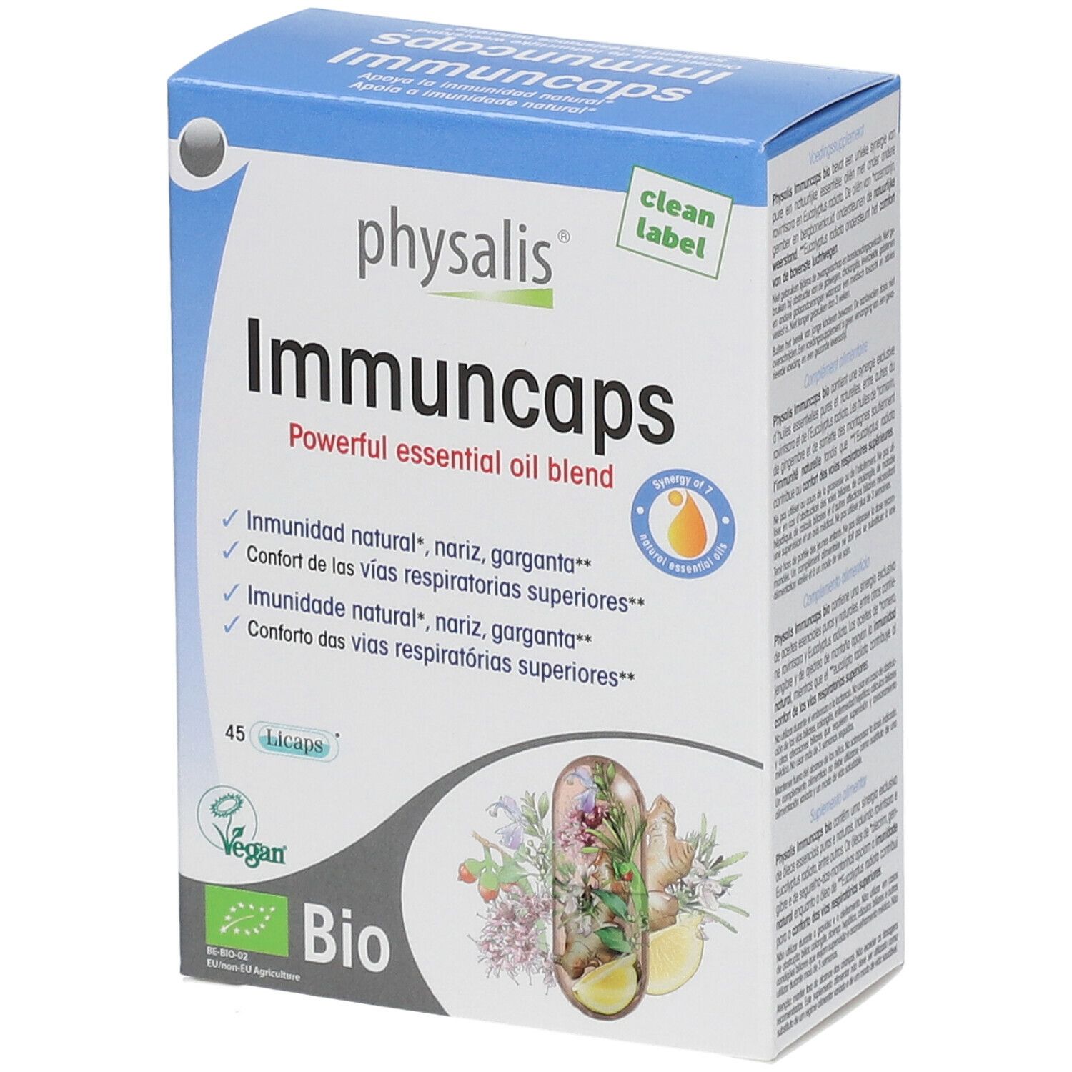 Doosje physalis Immuncaps. Opschrift: Immuncaps, 45 capsules, Bio-label. Illustratie van kruiden en citroen.