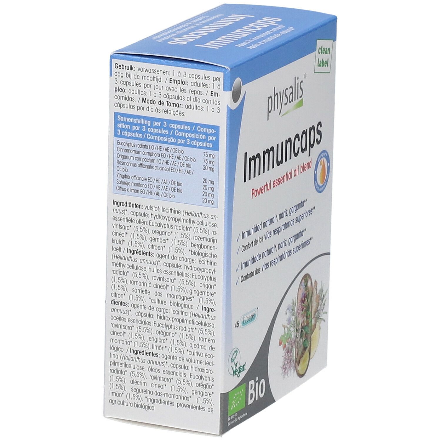 Doosje physalis Immuncaps. Opschrift: Immuncaps, 45 capsules, Bio-label. Ingrediëntenlijst en dosering.