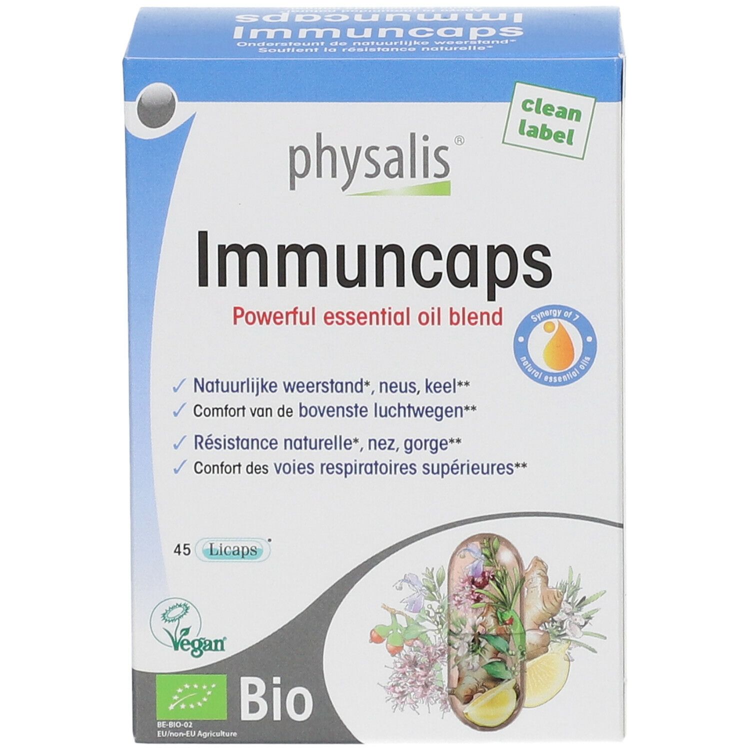 Doosje physalis Immuncaps. Opschrift: Immuncaps, 45 capsules, Bio-label. Illustratie van kruiden en citroen.