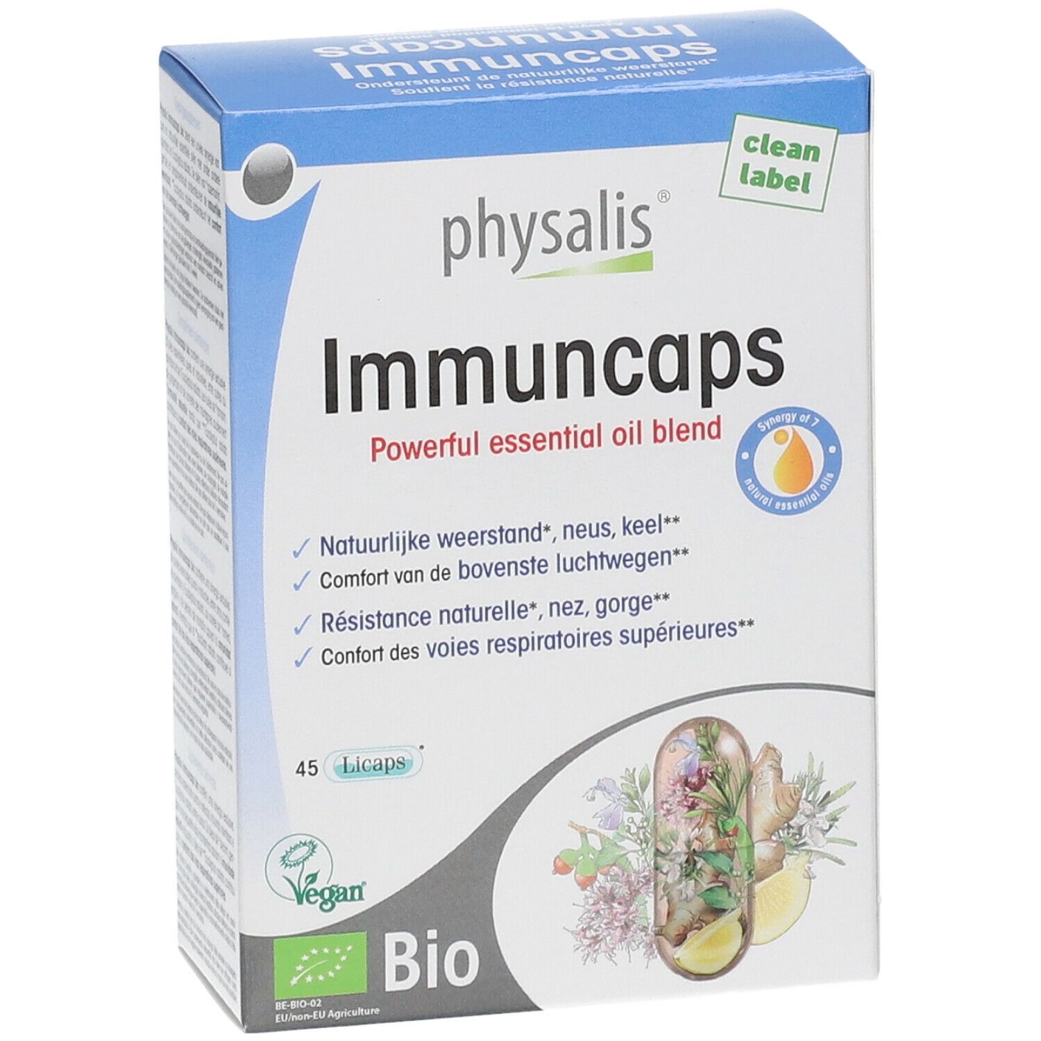 Doosje physalis Immuncaps. Opschrift: Immuncaps, 45 capsules, Bio-label. Illustratie van kruiden en citroen.