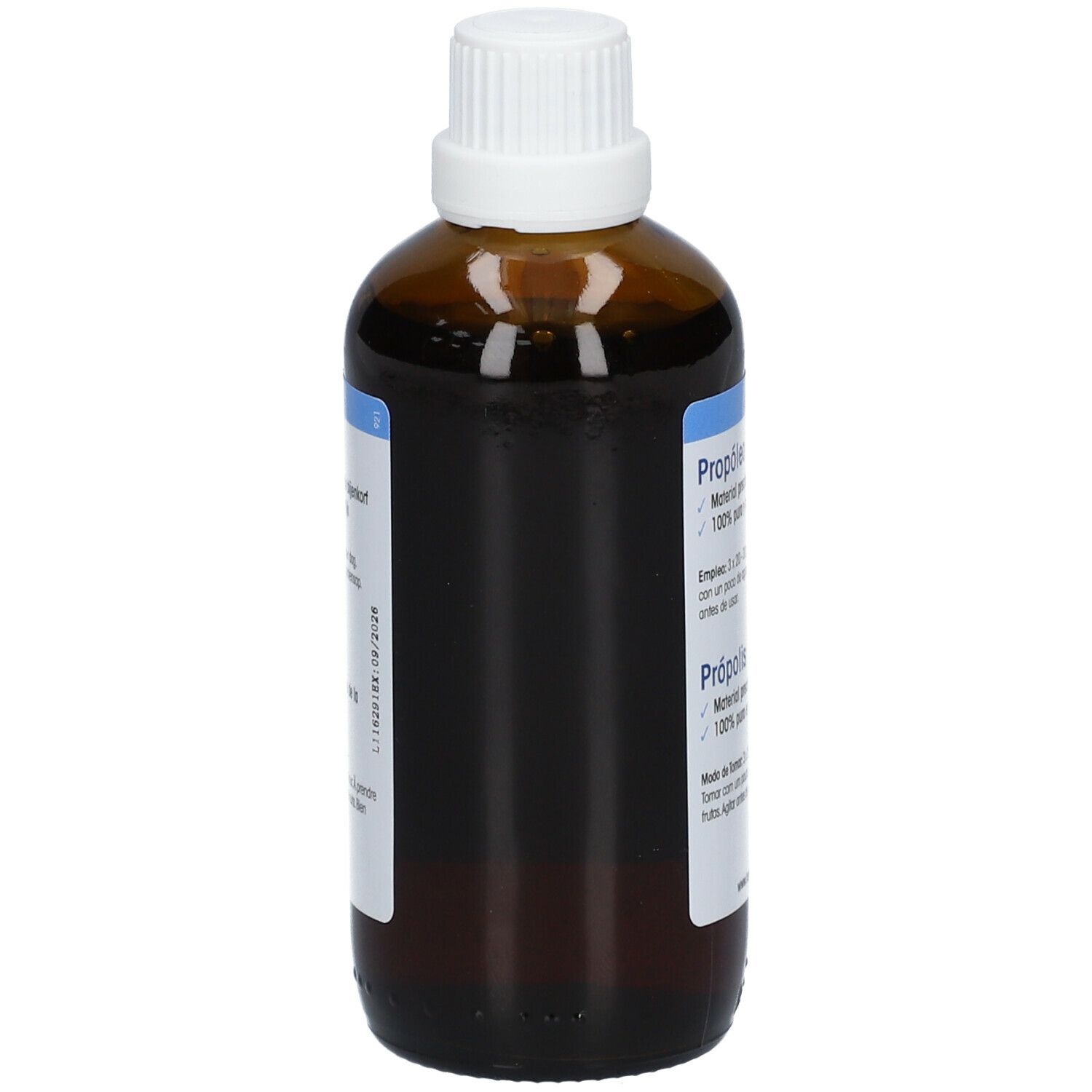 Bruine glazen fles met witte dop, zijaanzicht. Etiket met productinformatie in meerdere talen.