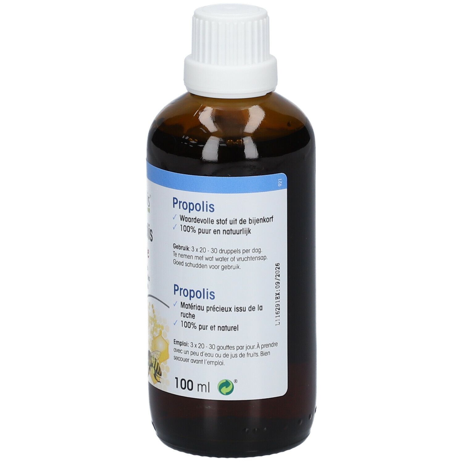 Achterkant van een bruine glazen fles met witte dop. Etiket met productinformatie in het Nederlands en Frans. Bio-label.