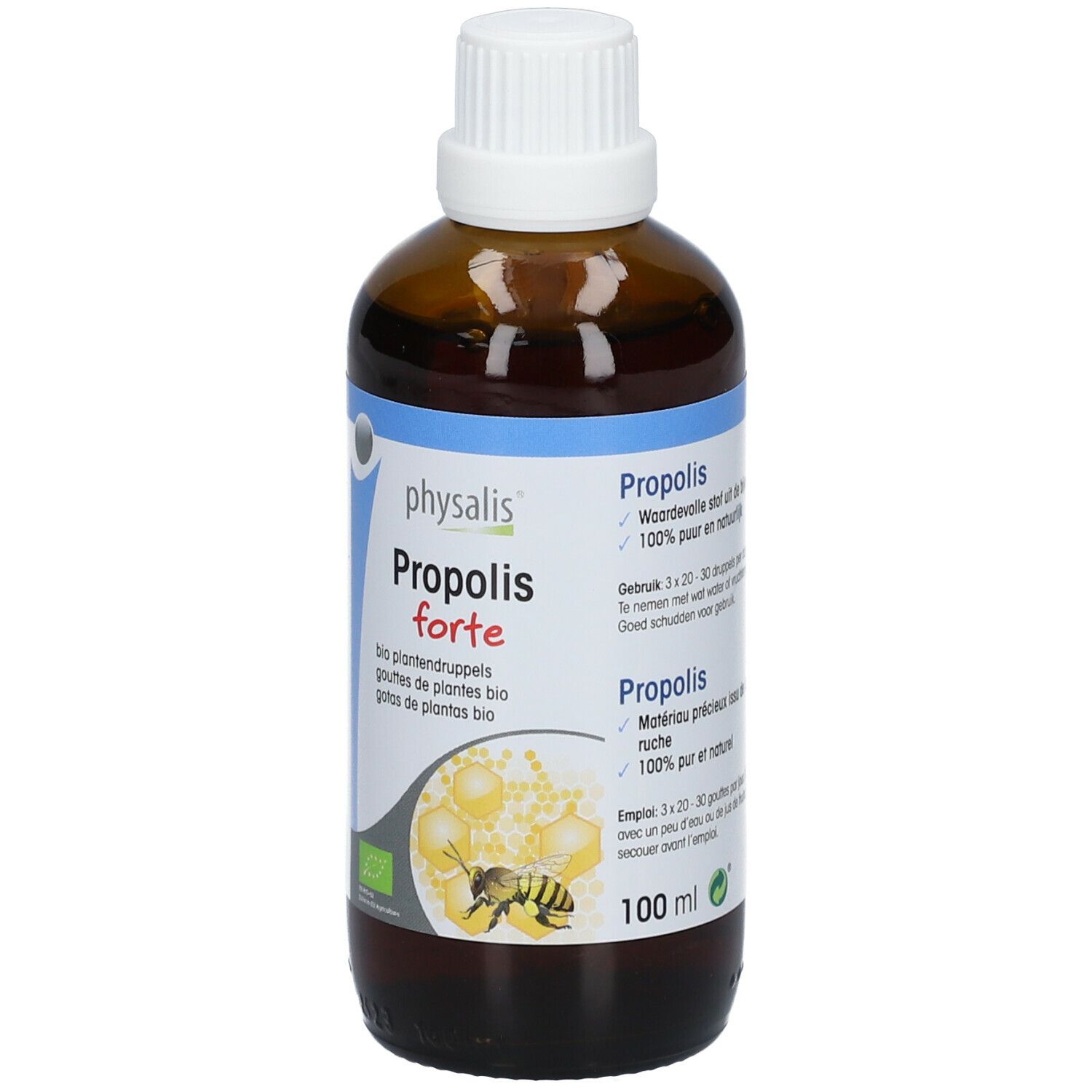 Bruine glazen fles met witte dop. Etiket met productnaam, ingrediënten en bio-label. Illustratie van honingraten en bijen.