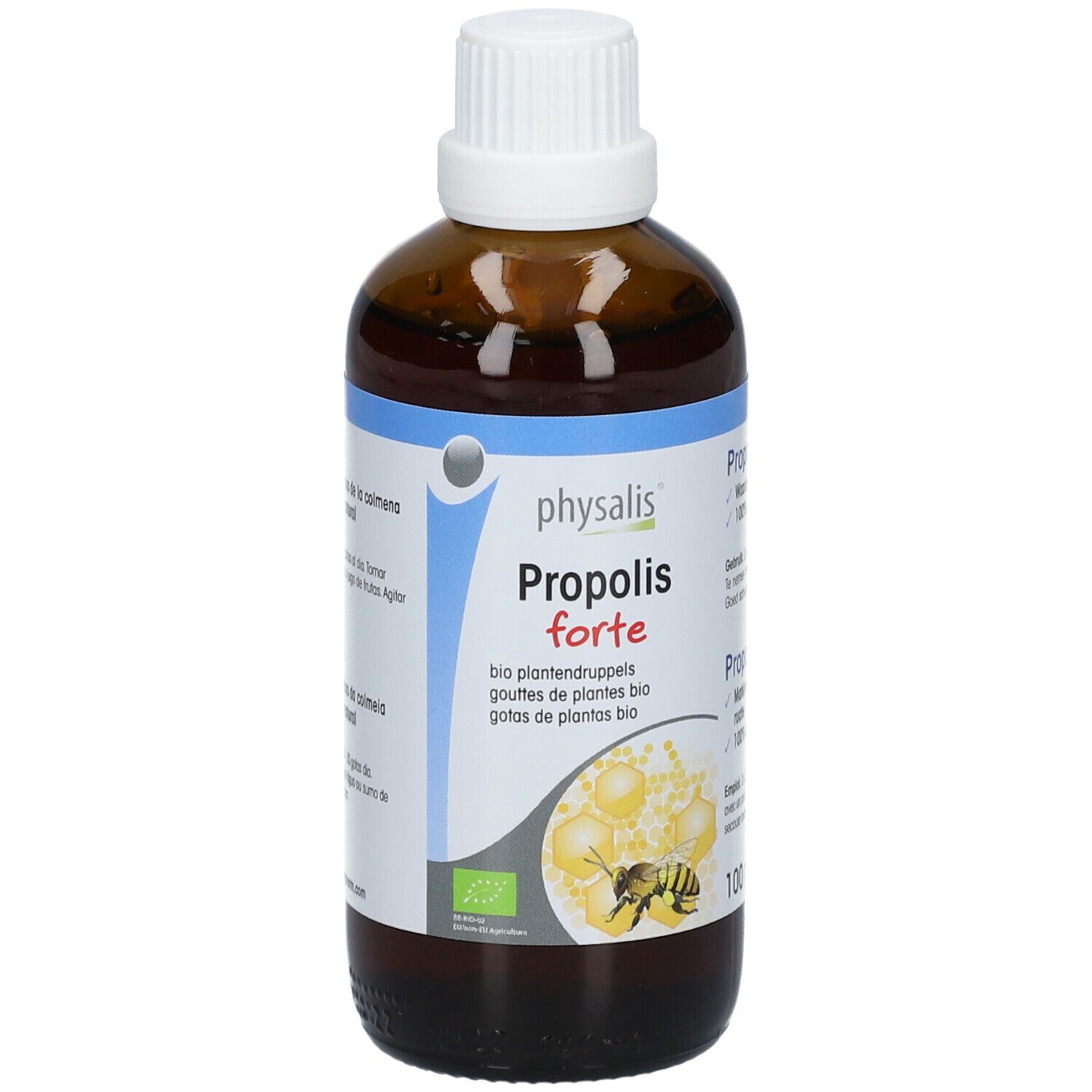 Bruine glazen fles met witte dop. Etiket met productnaam, ingrediënten en bio-label. Illustratie van honingraten en bijen.