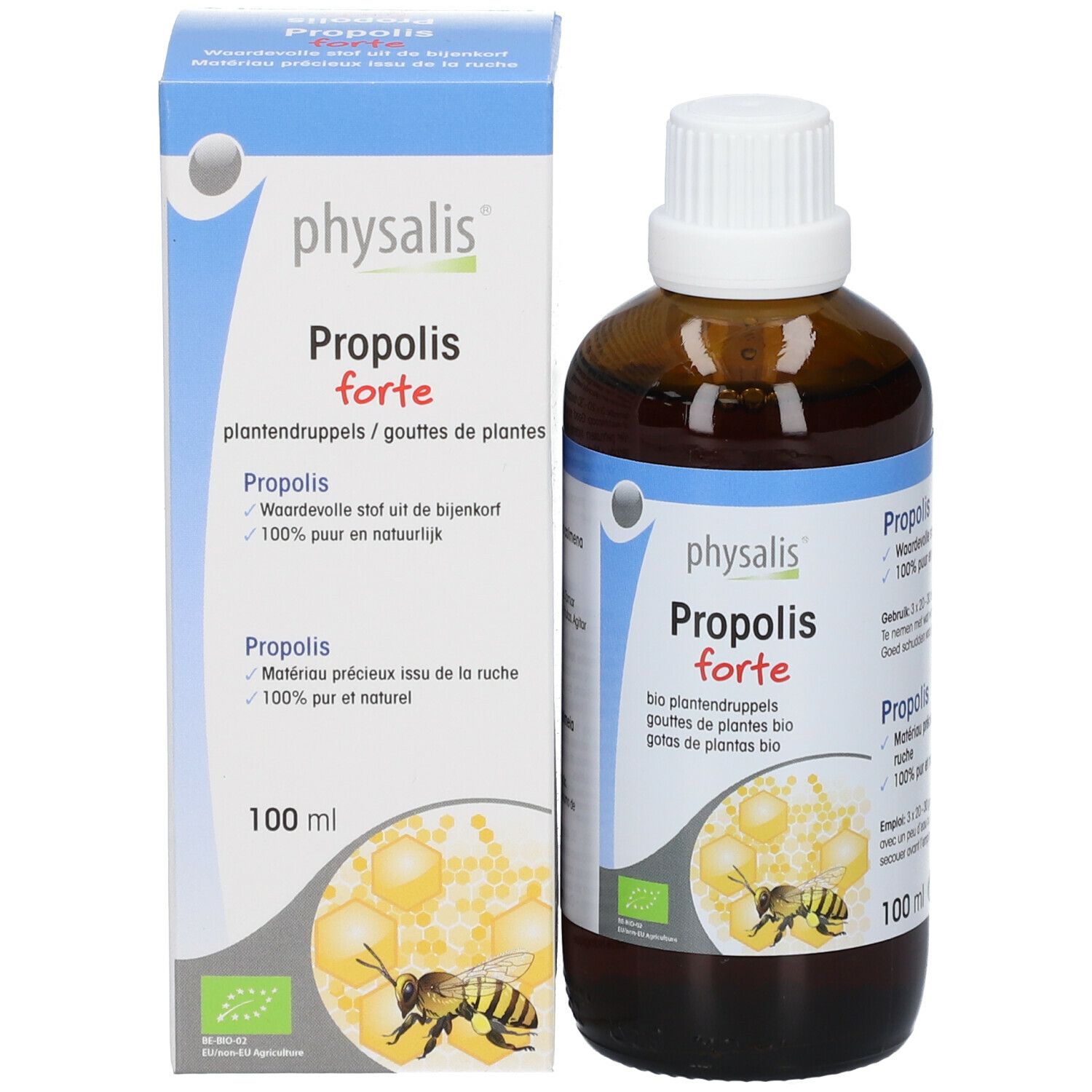Productverpakking en fles. Doos met productnaam en informatie. Bruine glazen fles met witte dop.