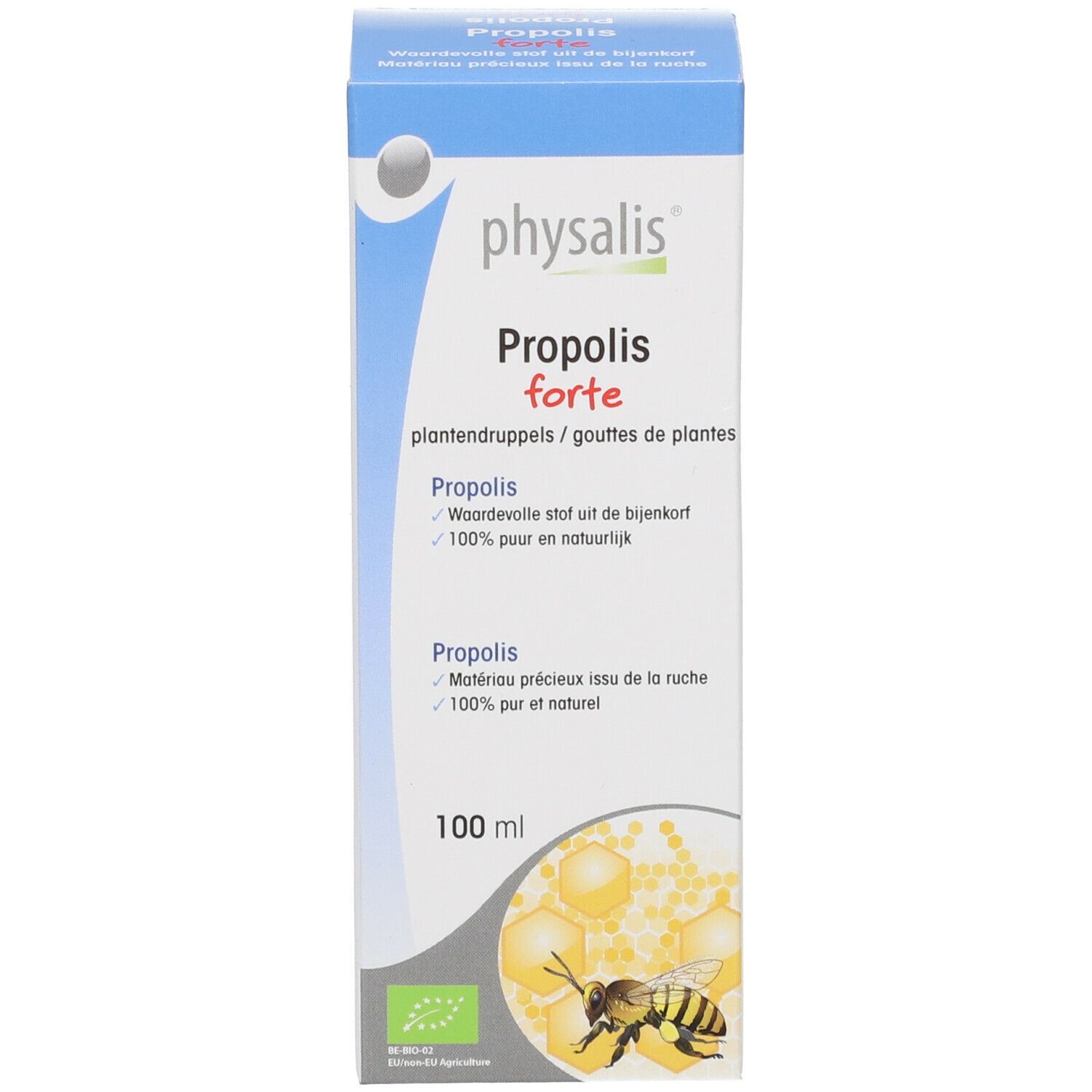 Productverpakking. Doos met productnaam en informatie. Illustratie van honingraten en bijen. Bio-label.