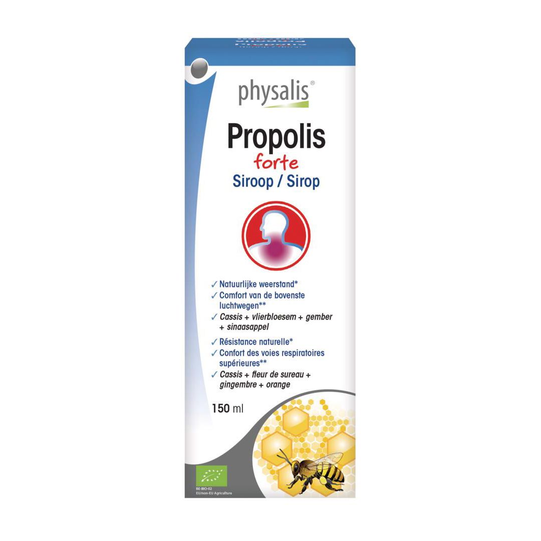 Productverpakking. Op de verpakking staat "Physalis Propolis forte".