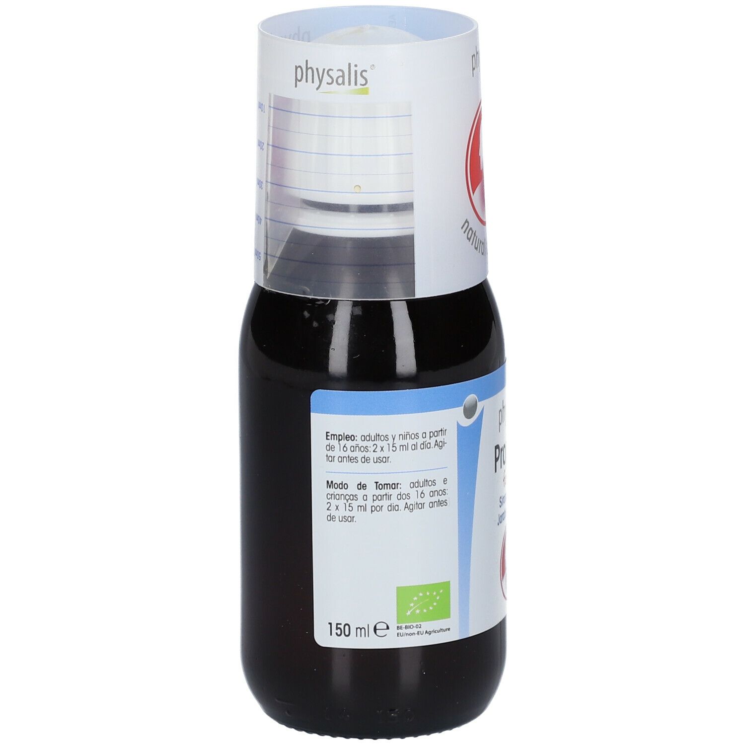 Bruine fles met witte dop. Op het etiket staat "Physalis Propolis forte".