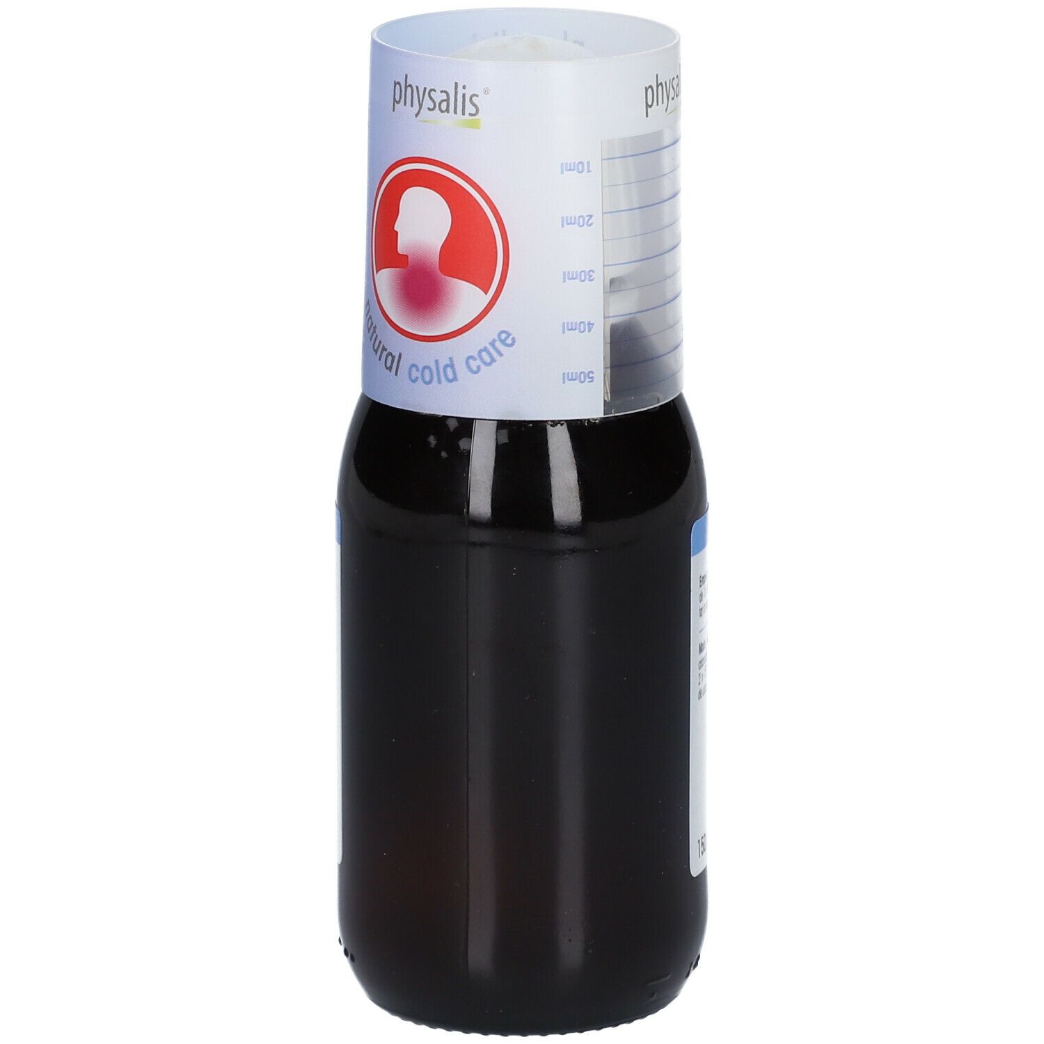 Bruine fles met witte dop. Op het etiket staat "Physalis Propolis forte".
