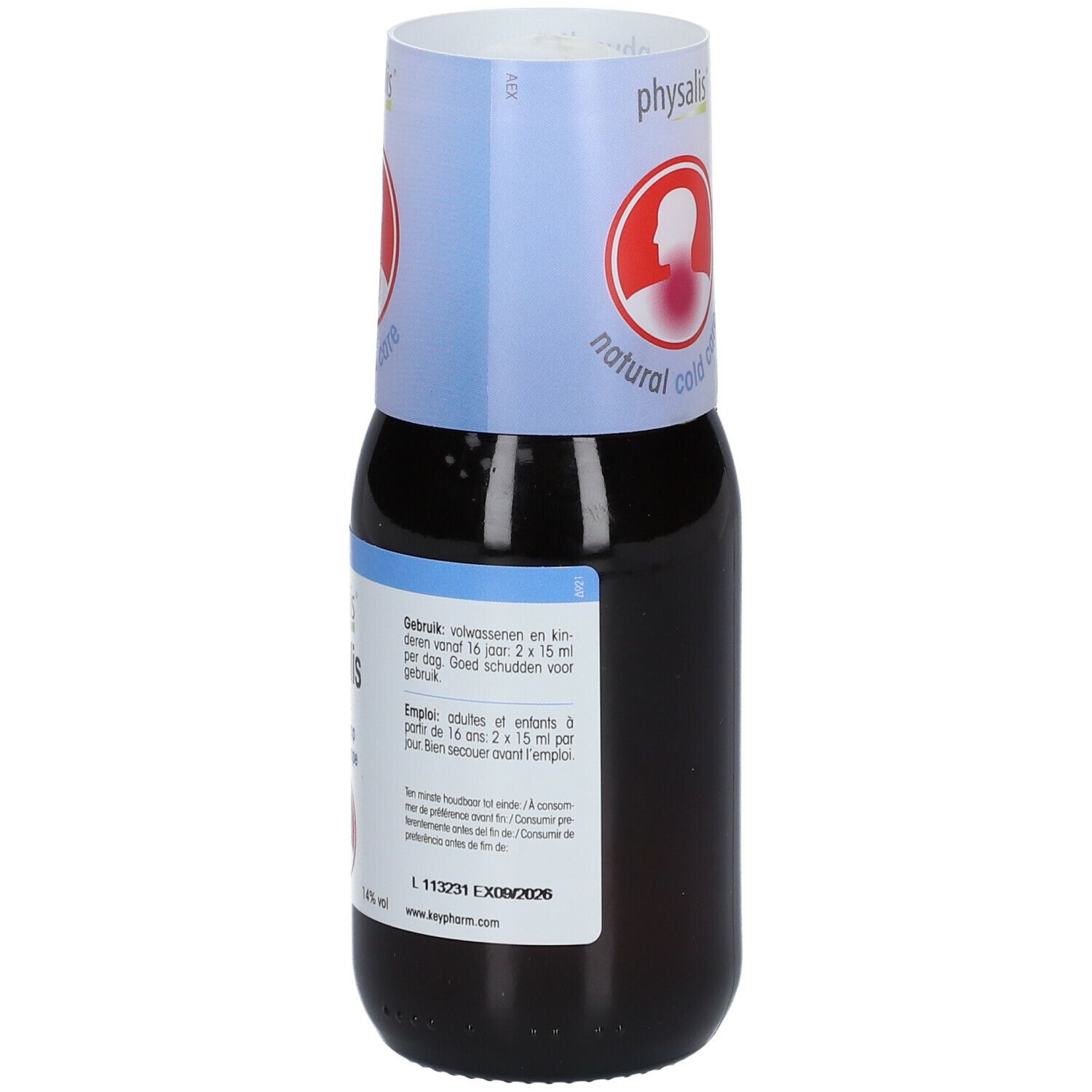 Bruine fles met witte dop. Op het etiket staat "Physalis Propolis forte".