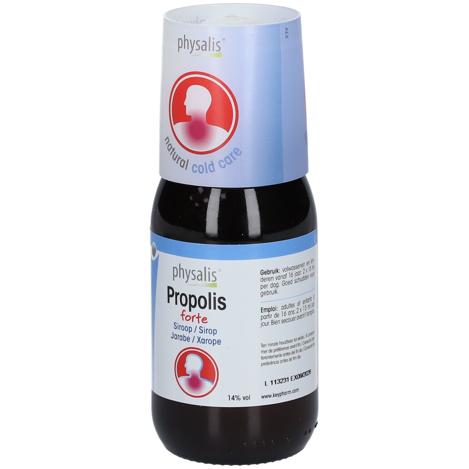 Bruine fles met witte dop. Op het etiket staat "Physalis Propolis forte".