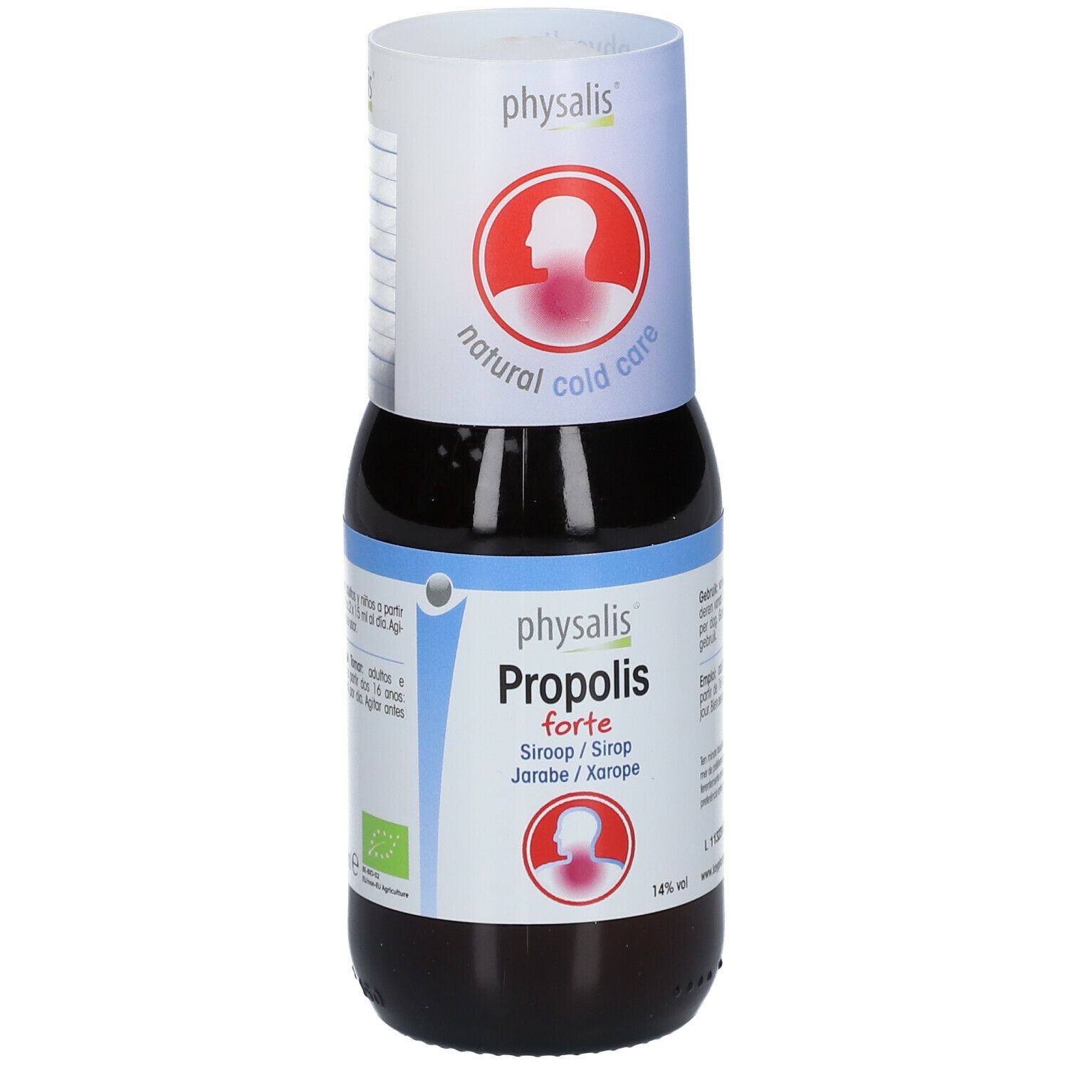 Bruine fles met witte dop. Op het etiket staat "Physalis Propolis forte".