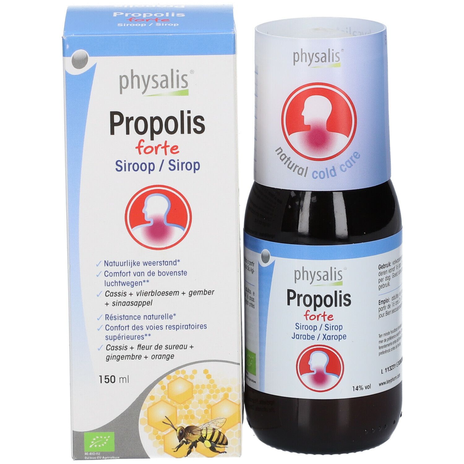 Productfles en verpakking. Op de verpakking staat "Physalis Propolis forte".