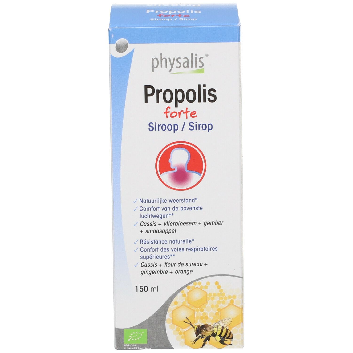 Productverpakking. Op de verpakking staat "Physalis Propolis forte".