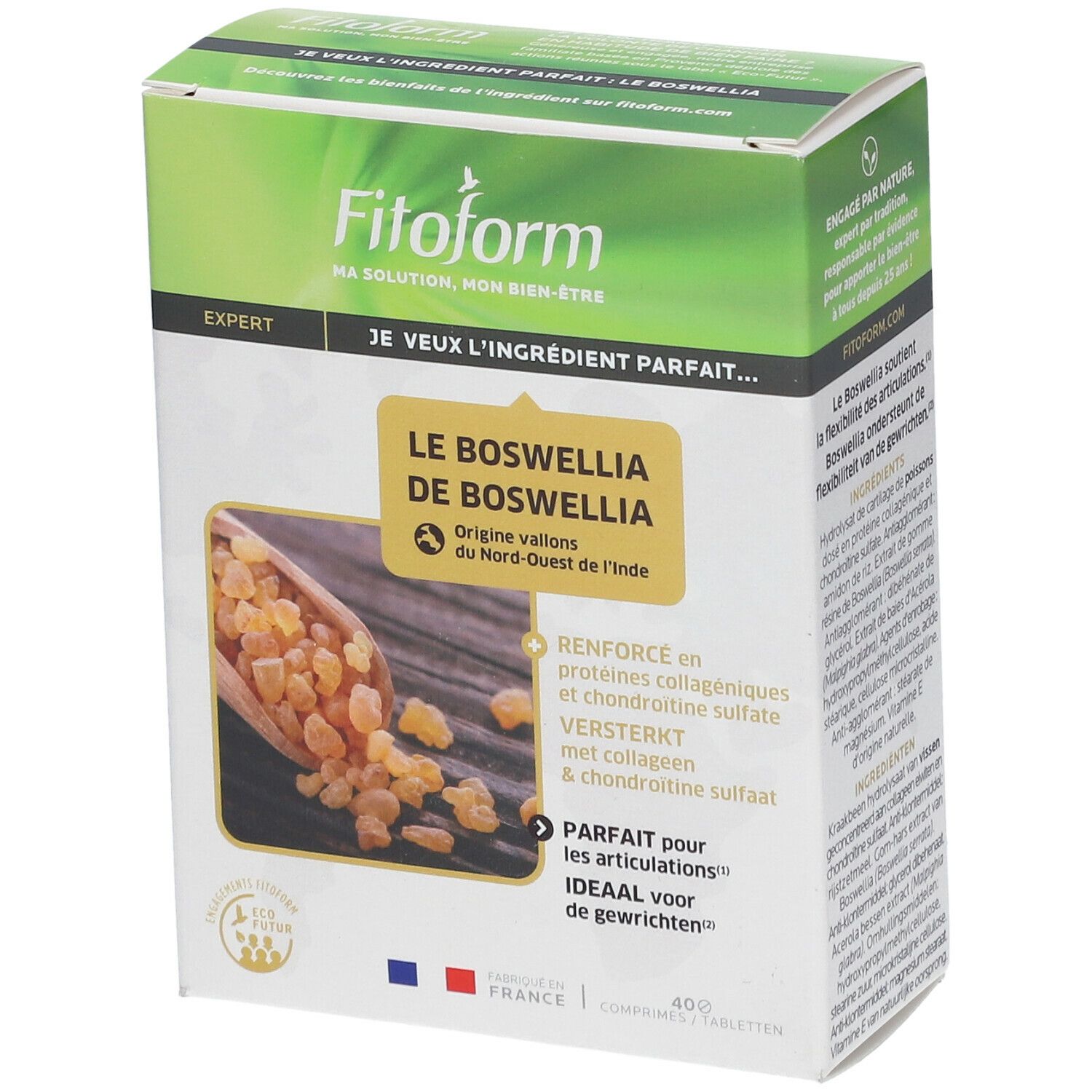 Boîte avec informations produit. Inscription: Fitoform, Le Boswellia de Boswellia. Illustration de résine de Boswellia. Fabriqué en France.