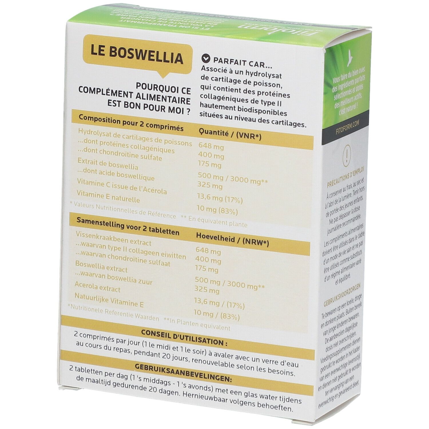 Dos de l'emballage du produit. Contient des informations sur les ingrédients et le dosage. Texte en français et en néerlandais.